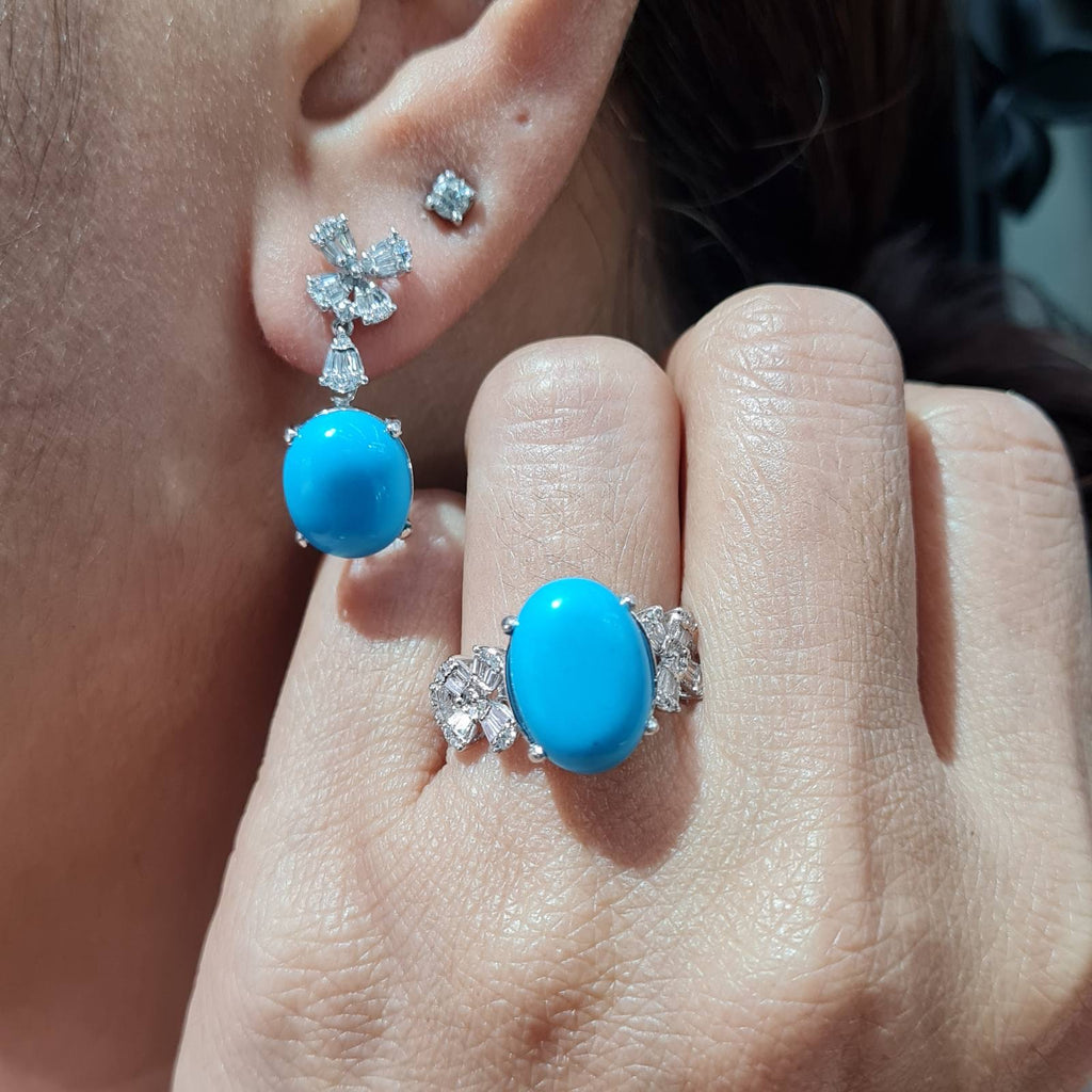 Turquoise Gemstones Floral Drop Diamond Jewelry Set 14K