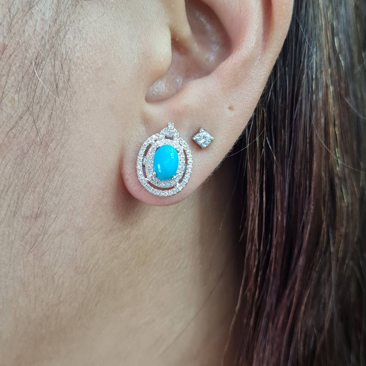 Turquoise Gemstone Oval Halo Diamond Earrings 14K