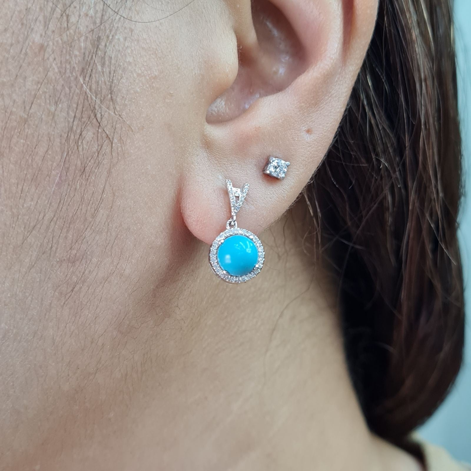 Turquoise Gemstone Dangle Halo Diamond Earrings 14K