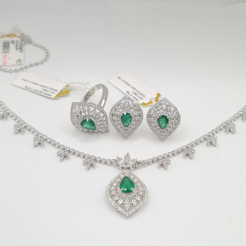 Green Emerald Gemstones Statement Diamond Jewelry Set 14K