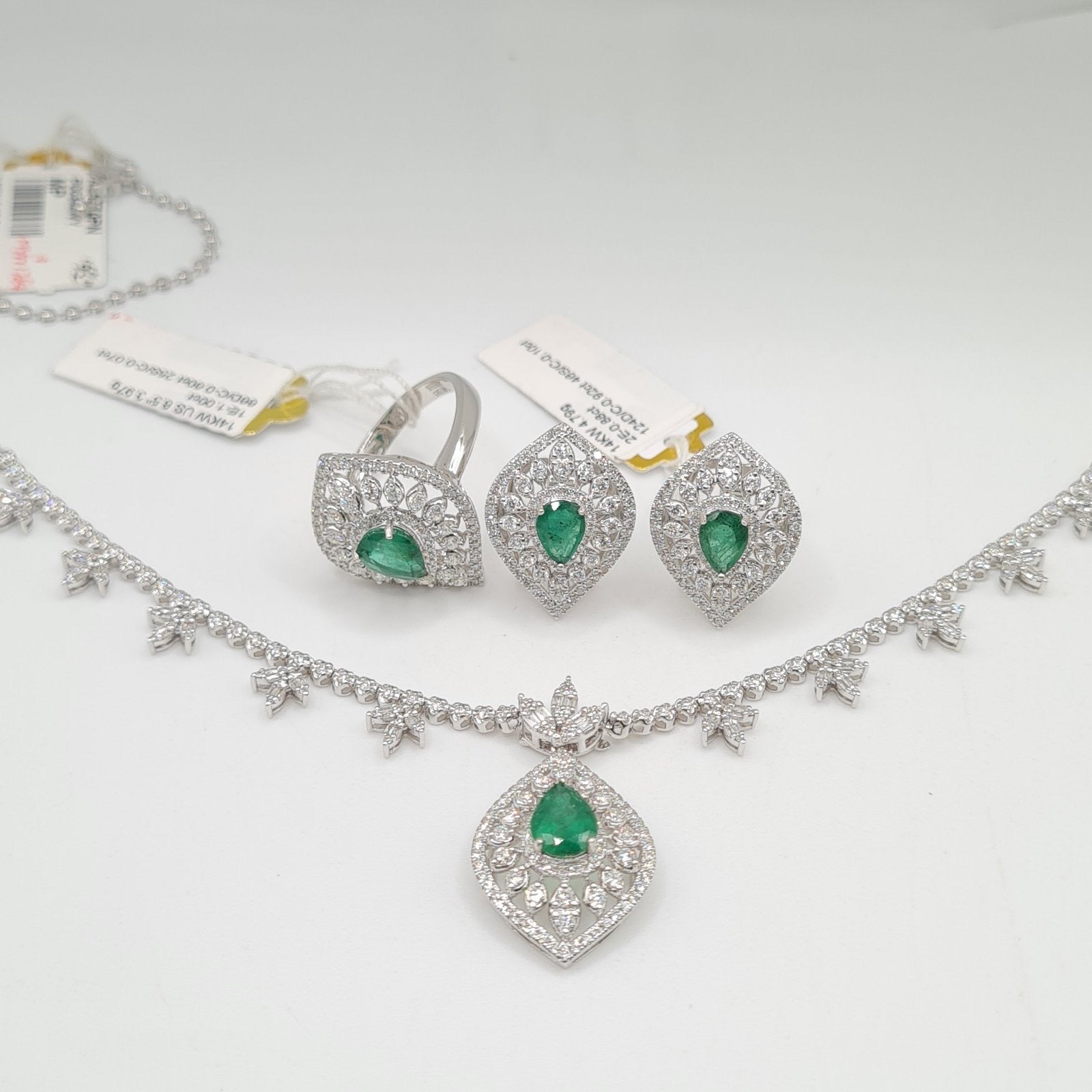Green Emerald Gemstones Statement Diamond Jewelry Set 14K