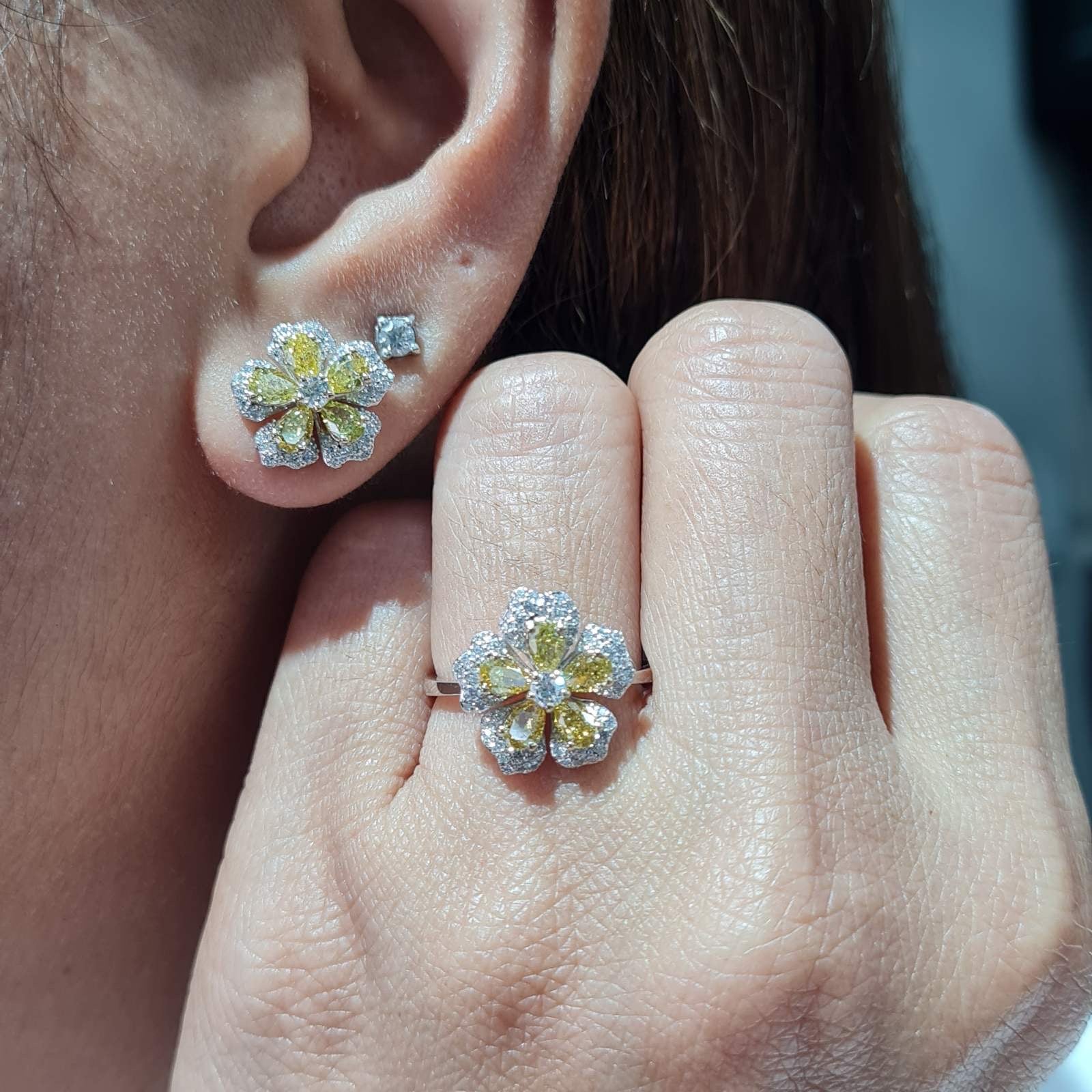 Fancy Floral Yellow Colored Diamond Jewelry Set 14K