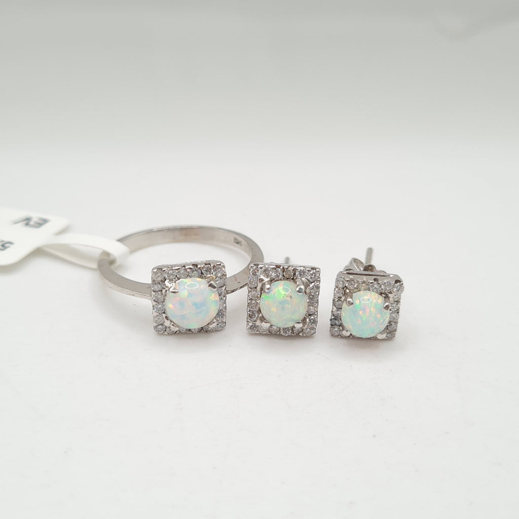 Dainty Square Round Opal Gemstones Diamond Jewelry Set 14K