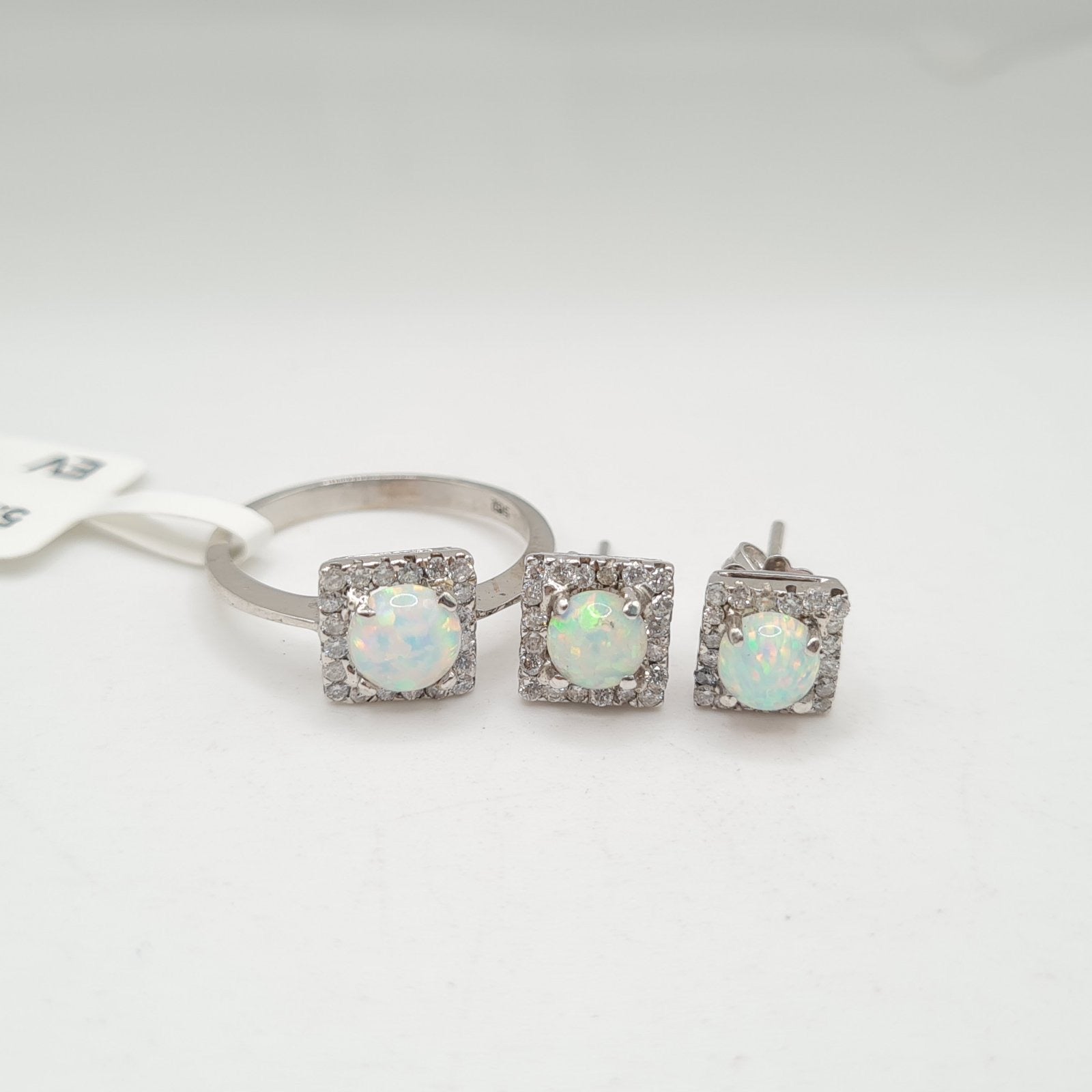 Dainty Square Round Opal Gemstones Diamond Jewelry Set 14K