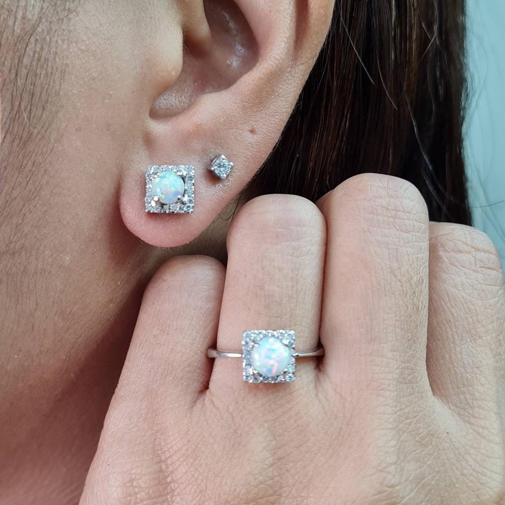 Dainty Square Round Opal Gemstones Diamond Jewelry Set 14K