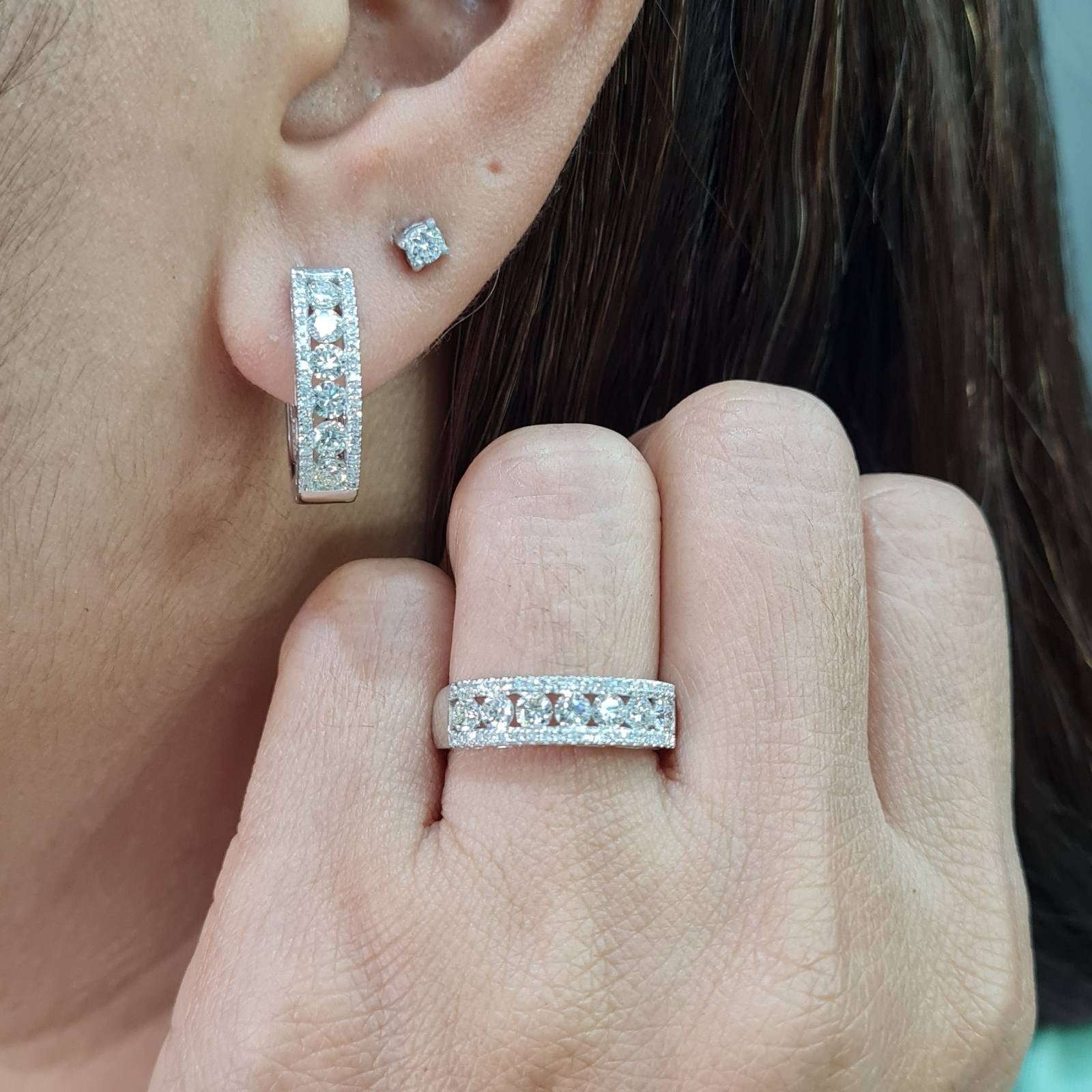 Round Half Eternity Hoop Diamond Jewelry Set 14K