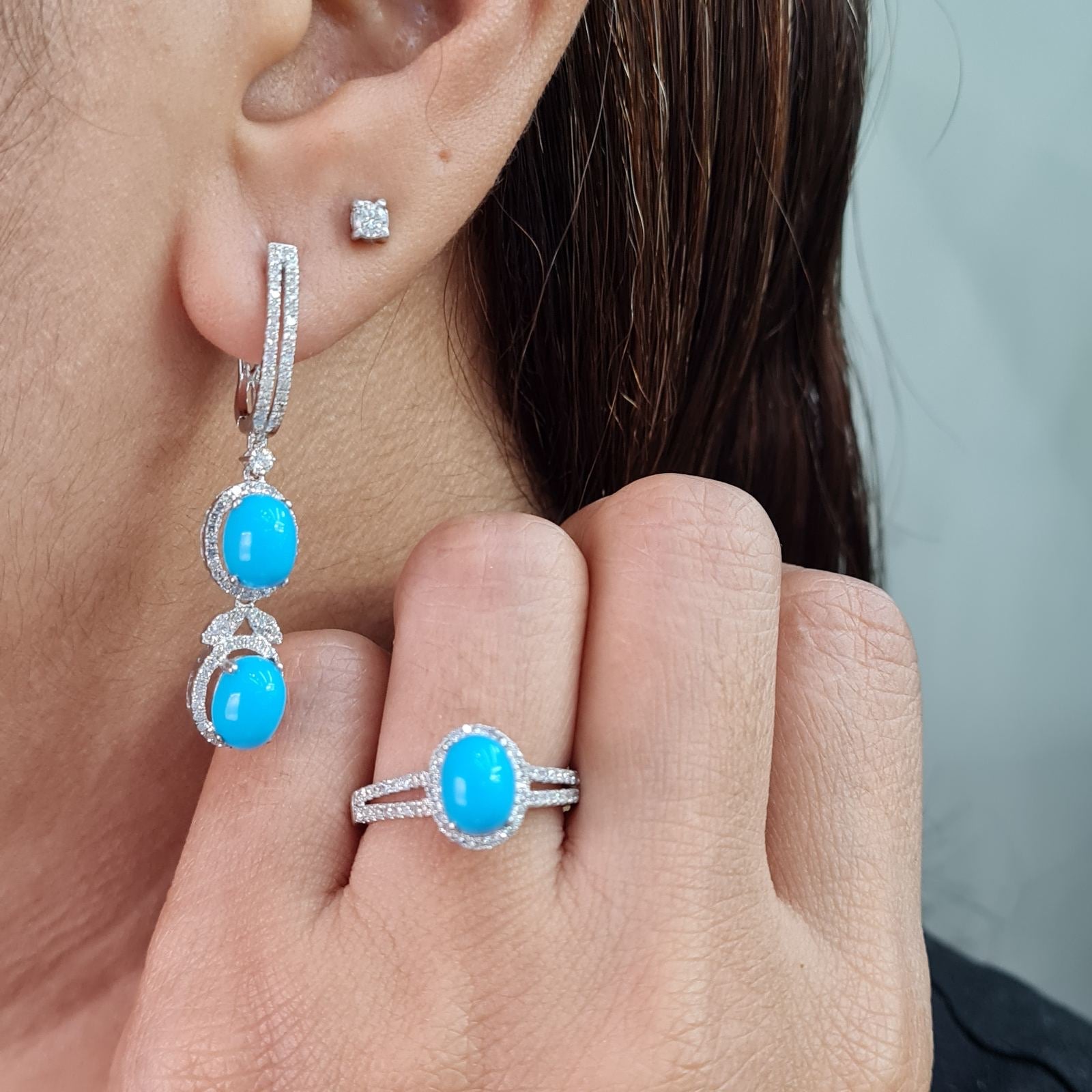 Turquoise Gemstones Halo Paved Dangling Diamond Jewelry Set 18K