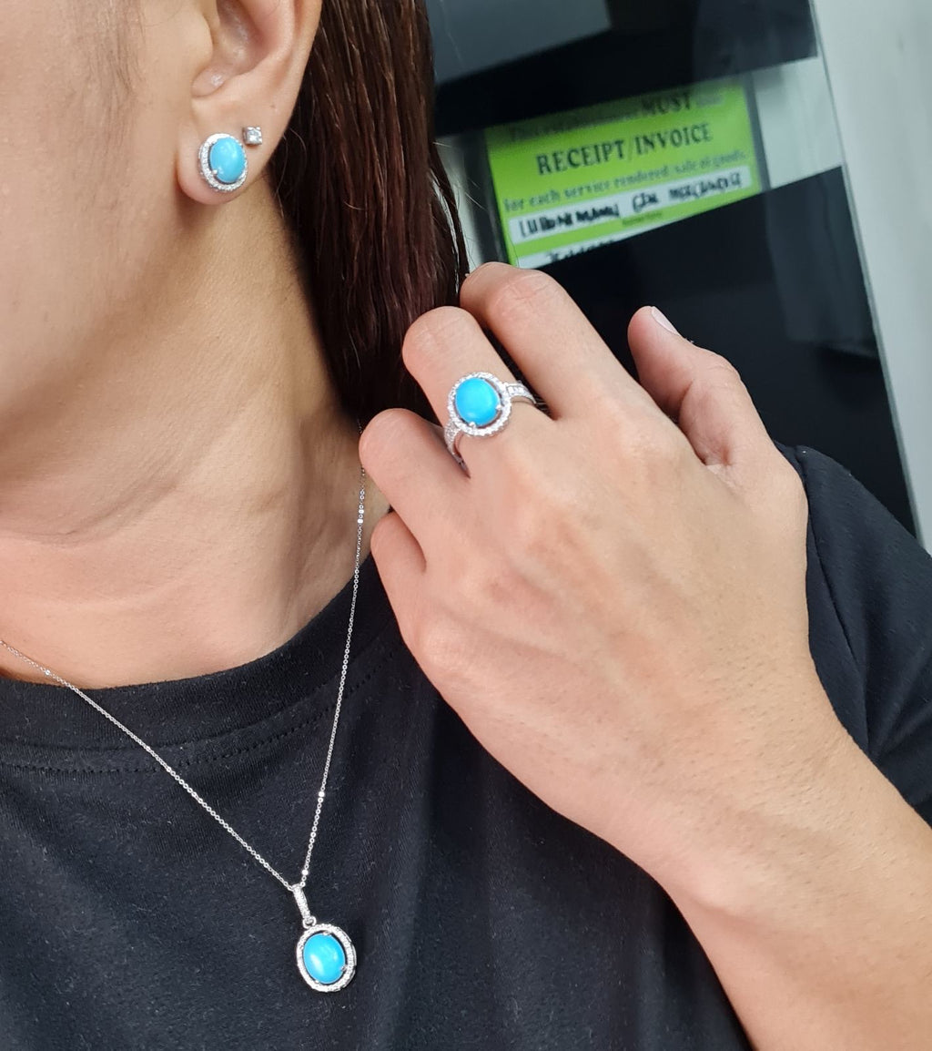 Turquoise Gemstones Oval Halo Paved Diamond Jewelry Set 14K