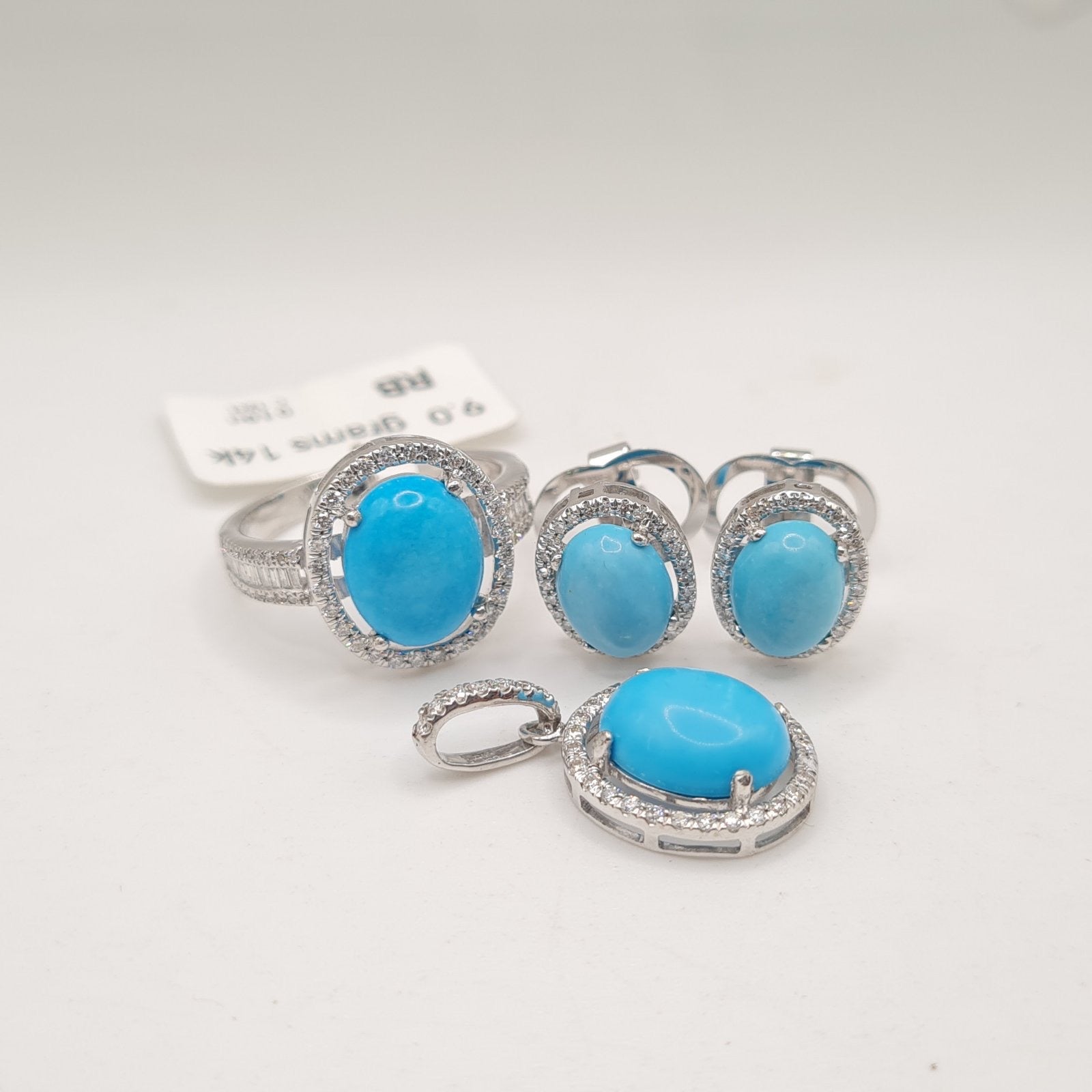 Turquoise Gemstones Oval Halo Paved Diamond Jewelry Set 14K