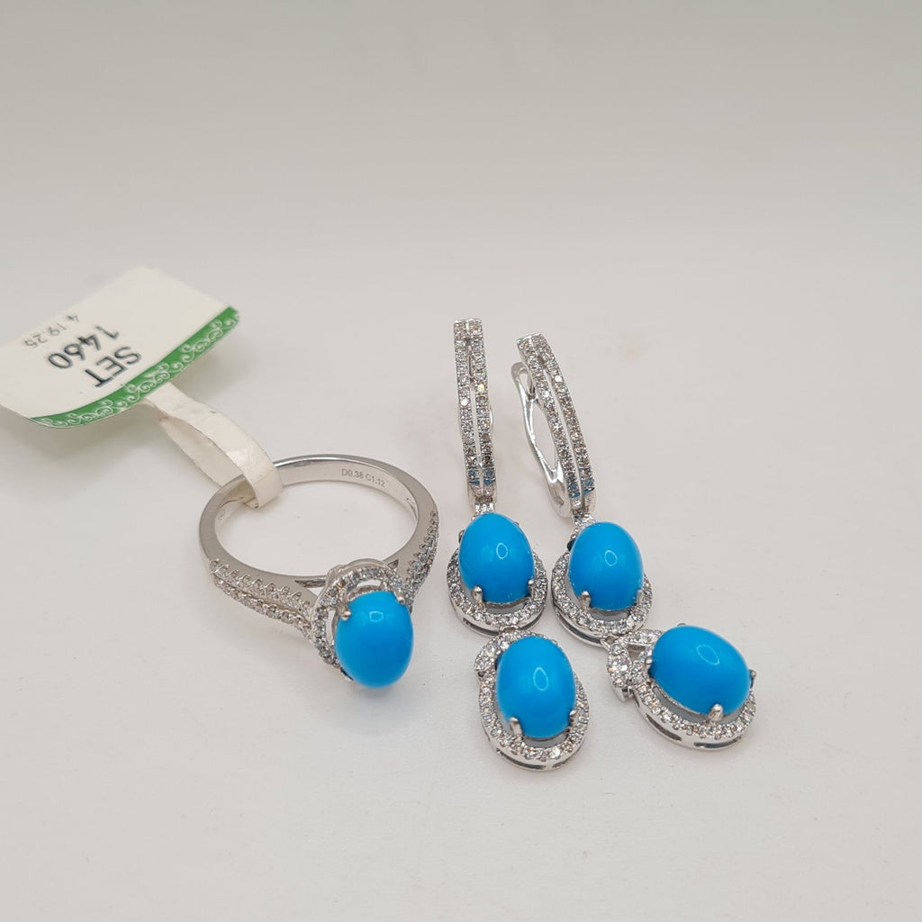 Turquoise Gemstones Halo Paved Dangling Diamond Jewelry Set 18K