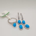 Turquoise Gemstones Halo Paved Dangling Diamond Jewelry Set 18K