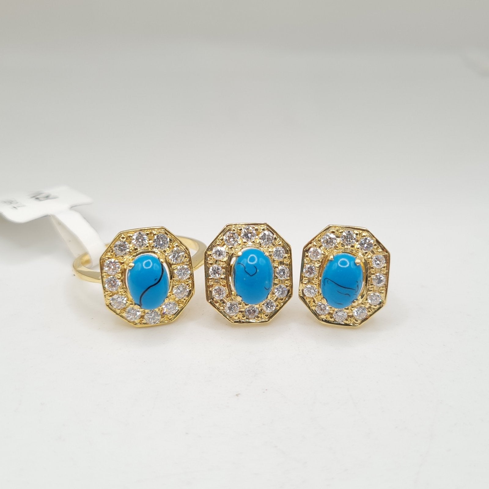 Golden Turquoise Gemstones Octagonal Diamond Jewelry Set 18K