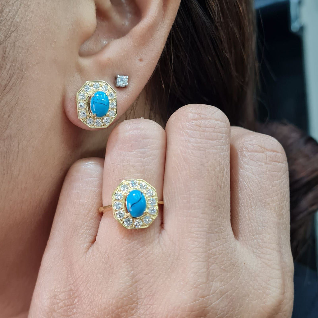 Golden Turquoise Gemstones Octagonal Diamond Jewelry Set 18K