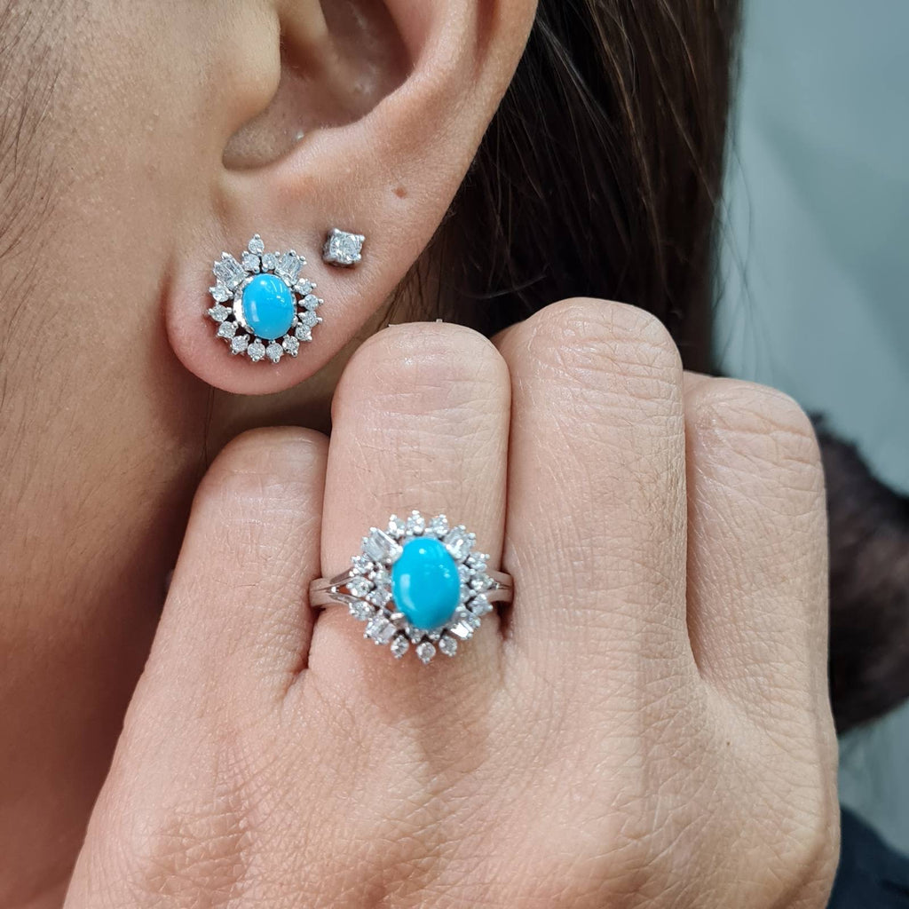 Turquoise Gemstones Cluster Halo Diamond Jewelry Set 14K