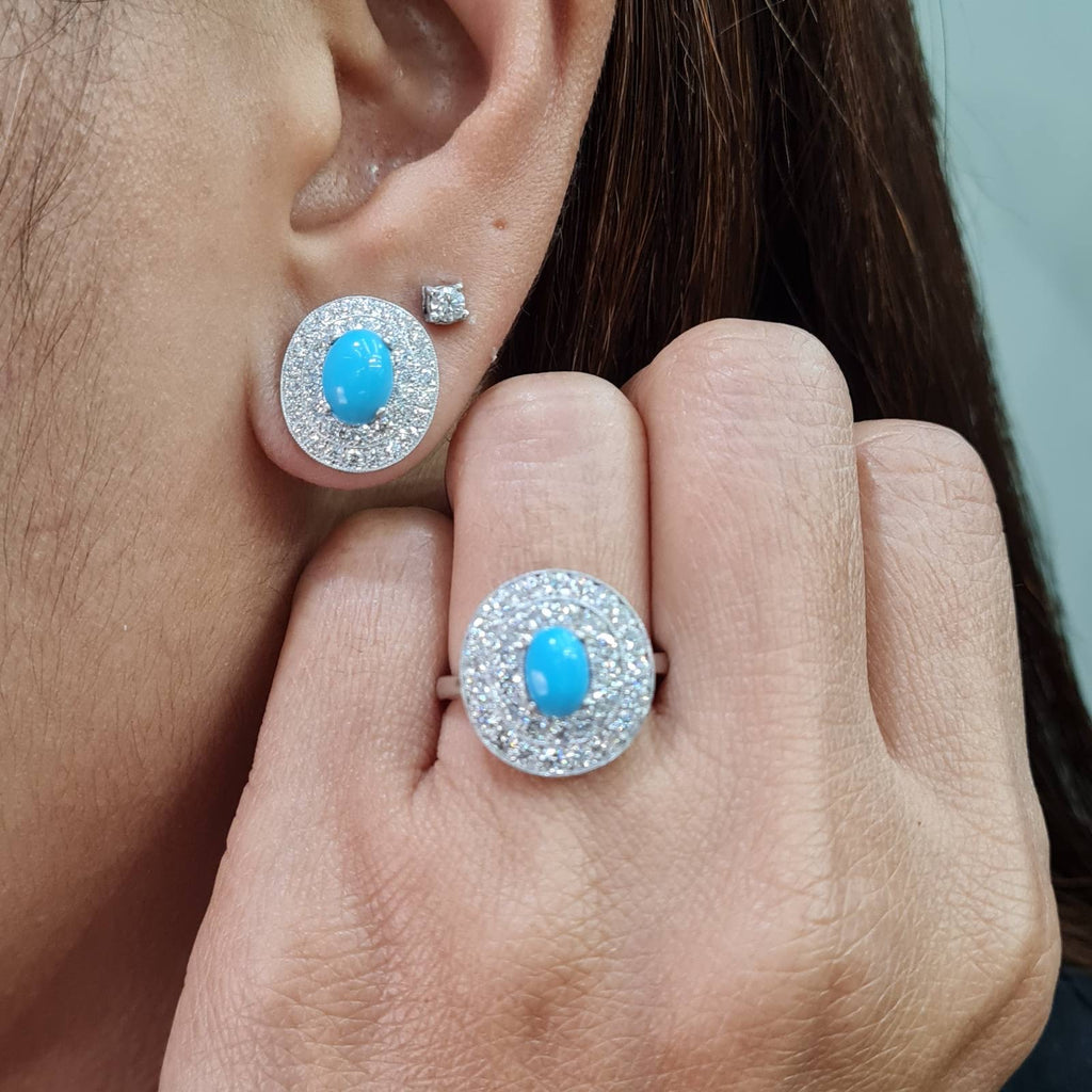 Turquoise Gemstones Oval Round Halo Diamond Jewelry Set 18K