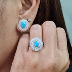 Turquoise Gemstones Oval Round Halo Diamond Jewelry Set 18K
