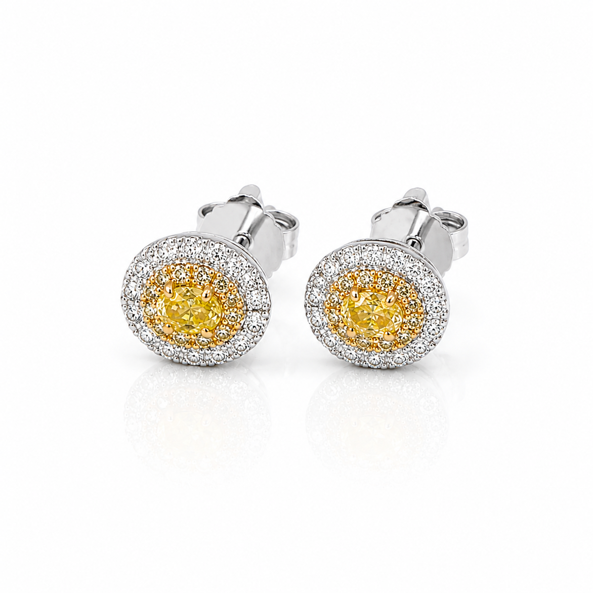 Yellow Diamond Center Oval Halo Stud Diamond Earrings 18K
