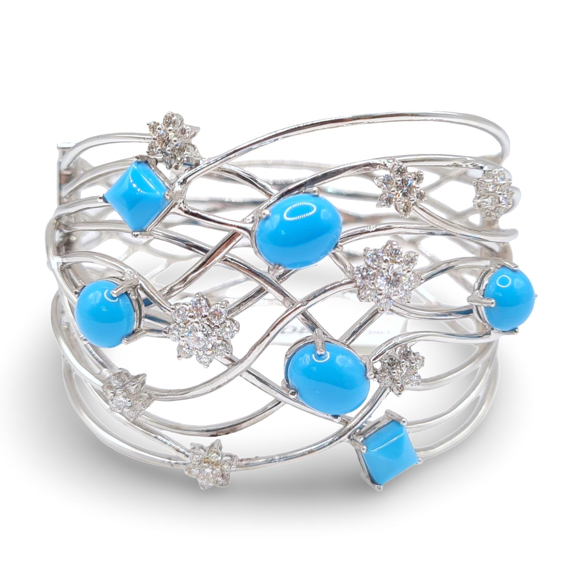 Turquoise Gemstone Rositas Cluster Shape Bangle Diamond Bracelet 18K