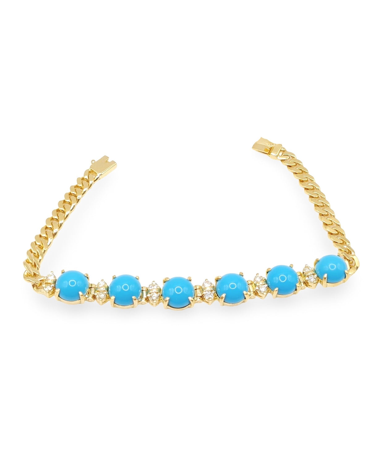 Yellow Gold Round Half Eternity Turquoise Gemstone Cuban Link Diamond Bracelet 14K