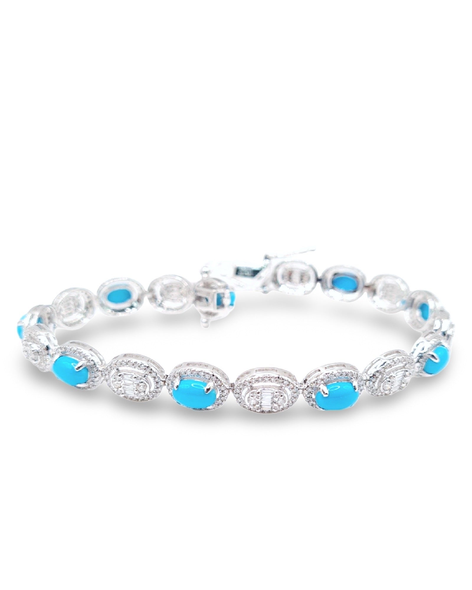 White Gold Oval Halo Turquoise Gemtsone Diamond Tennis Bracelet 14K