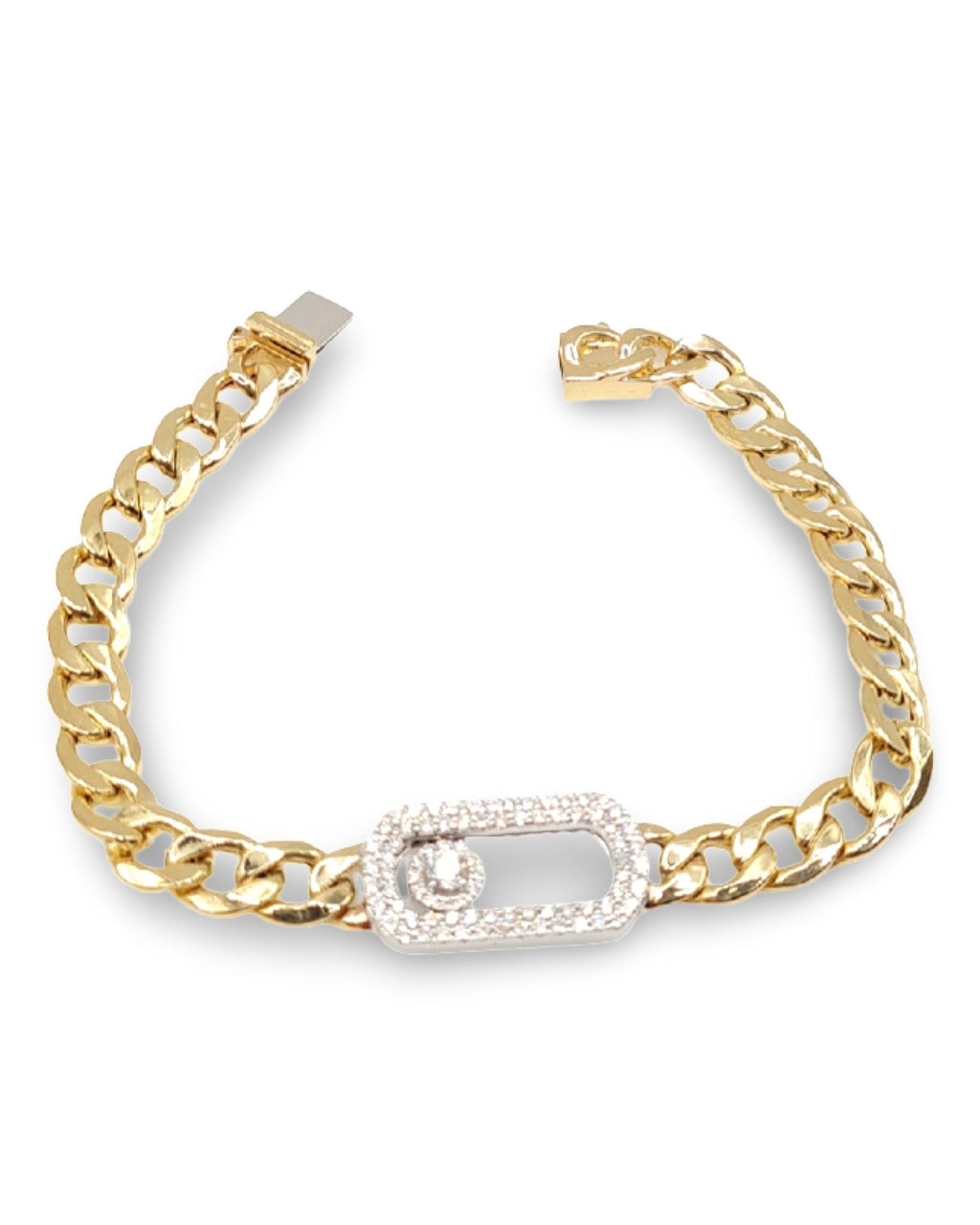 Two-Tone Square Sliding Center Diamond Curb Link Bracelet 14K