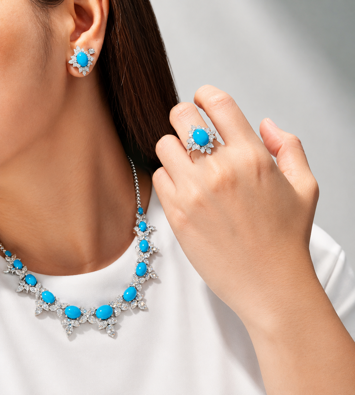 Turquoise Gemstones Floral Cluster Diamond Jewelry Set 14K