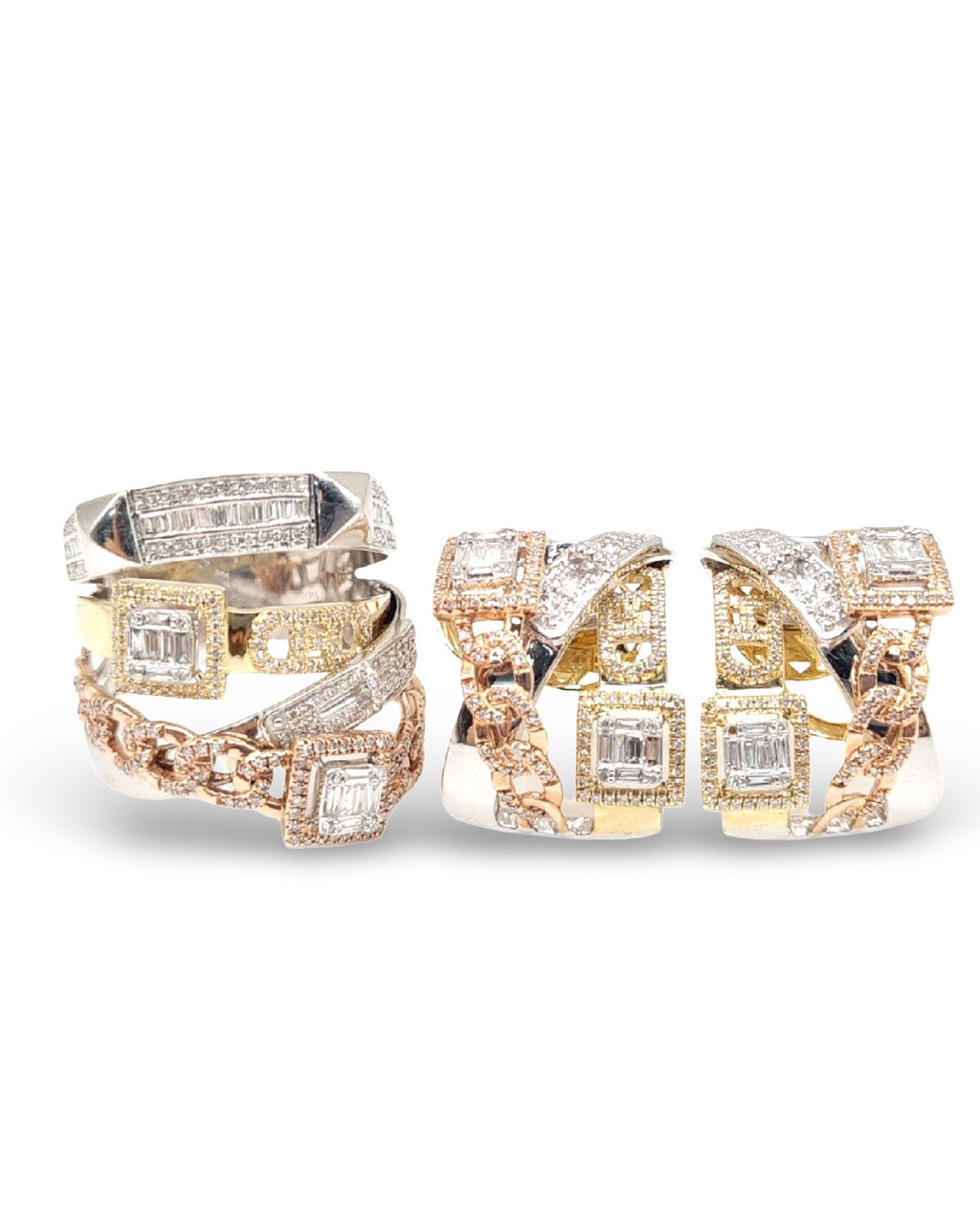 Three Tone Square Chain Link Statement Diamond Jewelry Set 14K