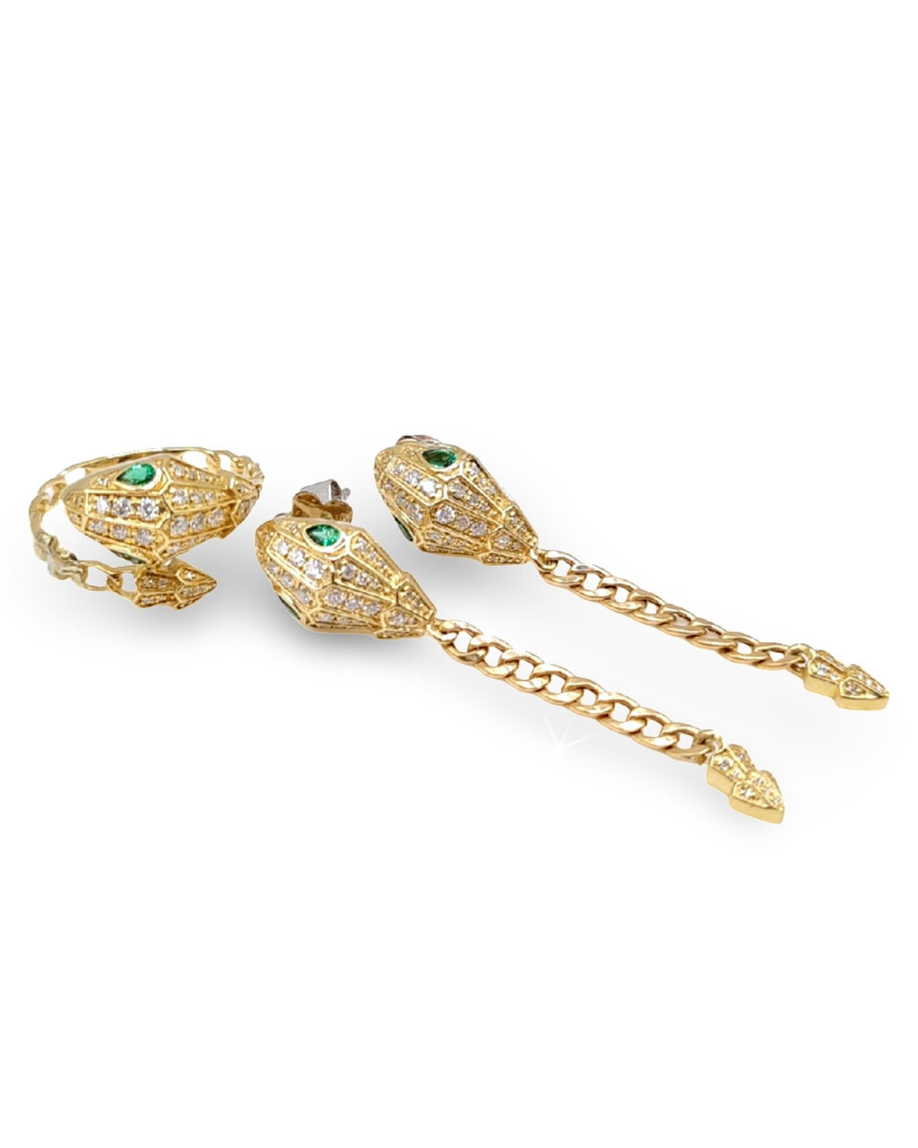 Golden Serpent Chain Drop Diamond Jewelry Set 14K