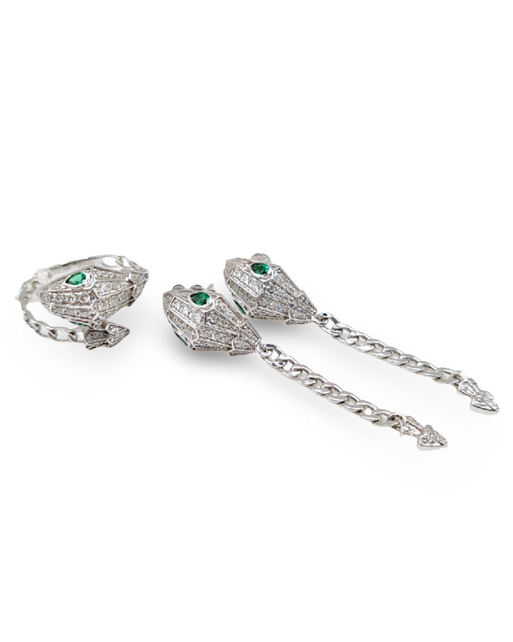 Golden Serpent Chain Drop Diamond Jewelry Set 14K