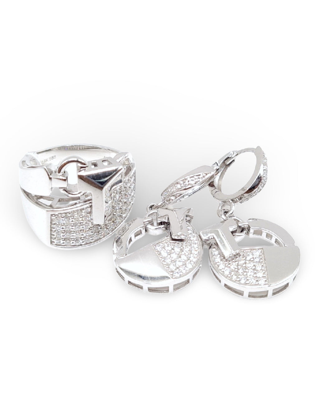 Deco Lock Dangling Hoop Diamond Jewelry Set 14K