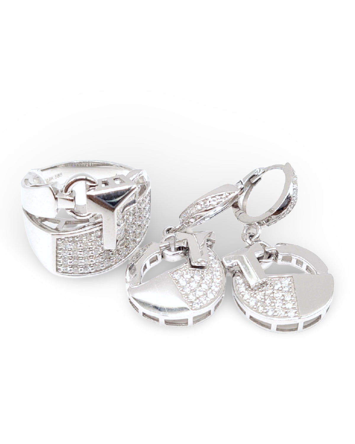 Deco Lock Dangling Hoop Diamond Jewelry Set 14K