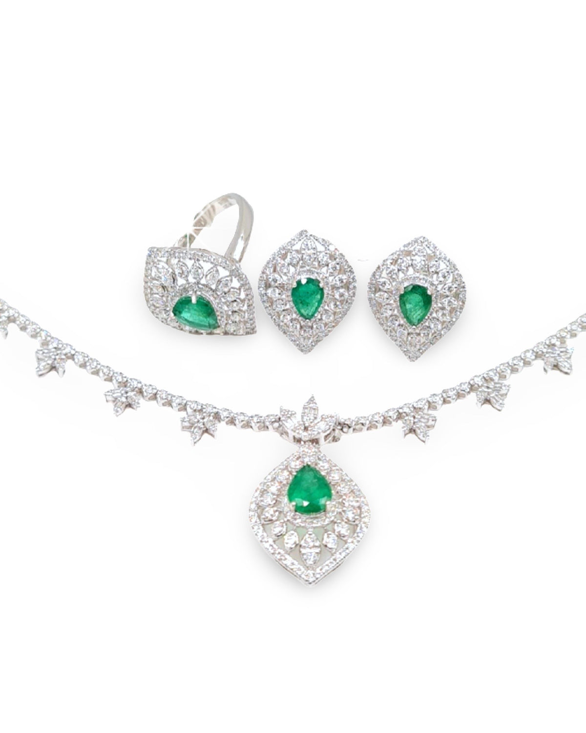Green Emerald Gemstones Statement Diamond Jewelry Set 14K