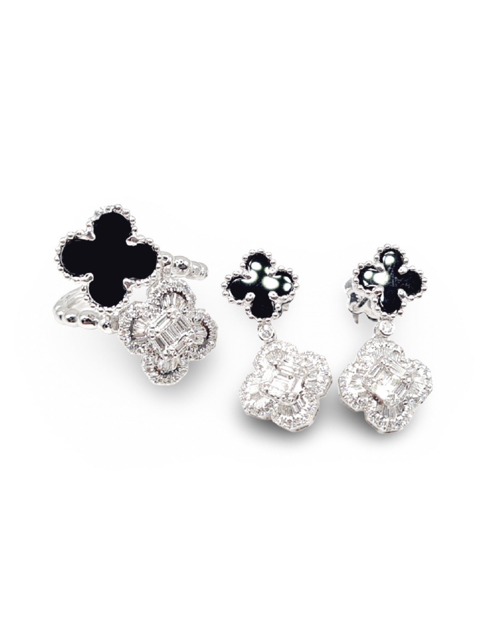 Onyx Gemstones Clover Chain Dangling Diamond Jewelry Set 14K