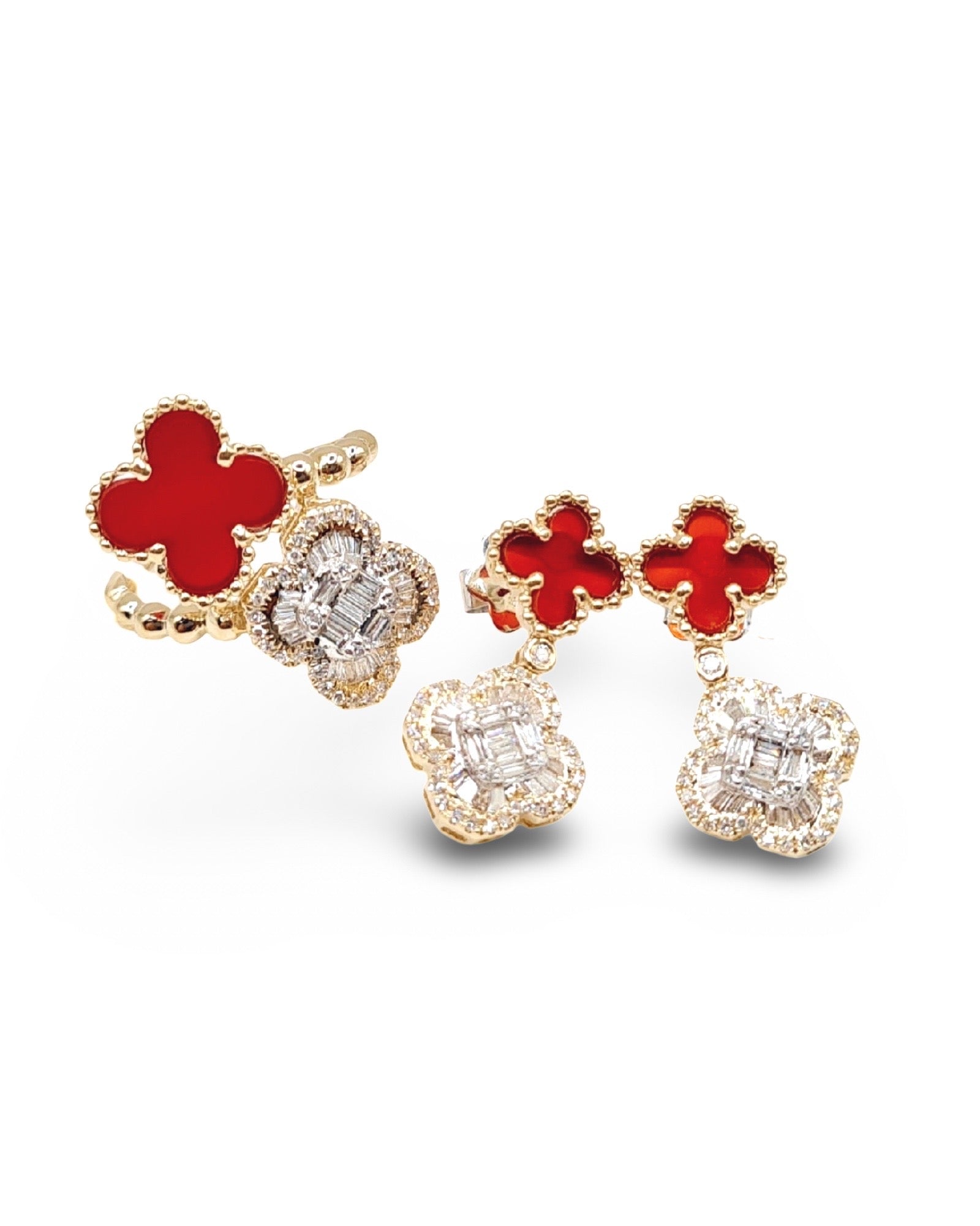 Golden Carnelian Gemstones Clover Dangling Diamond Jewelry Set 14K