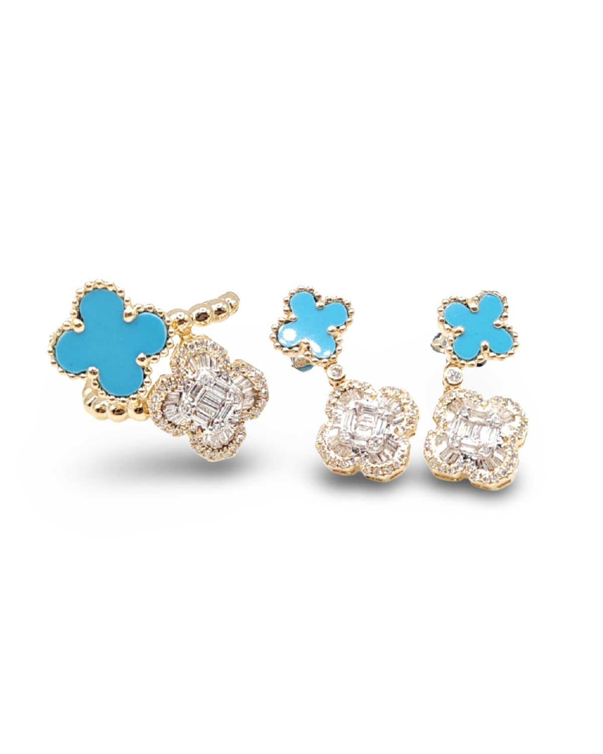 Turquoise Gemstones Clover Dangling Diamond Jewelry Set 14K