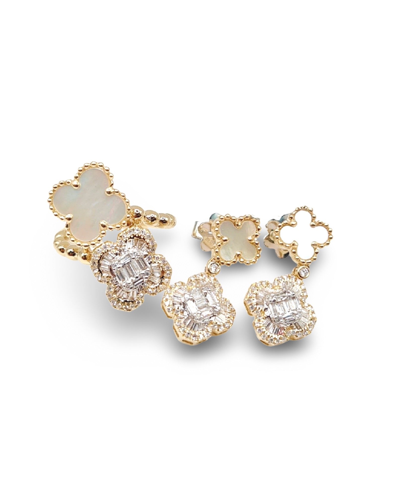 Golden Mother of Pearl Clover Dangling Diamond Jewelry Set 14K