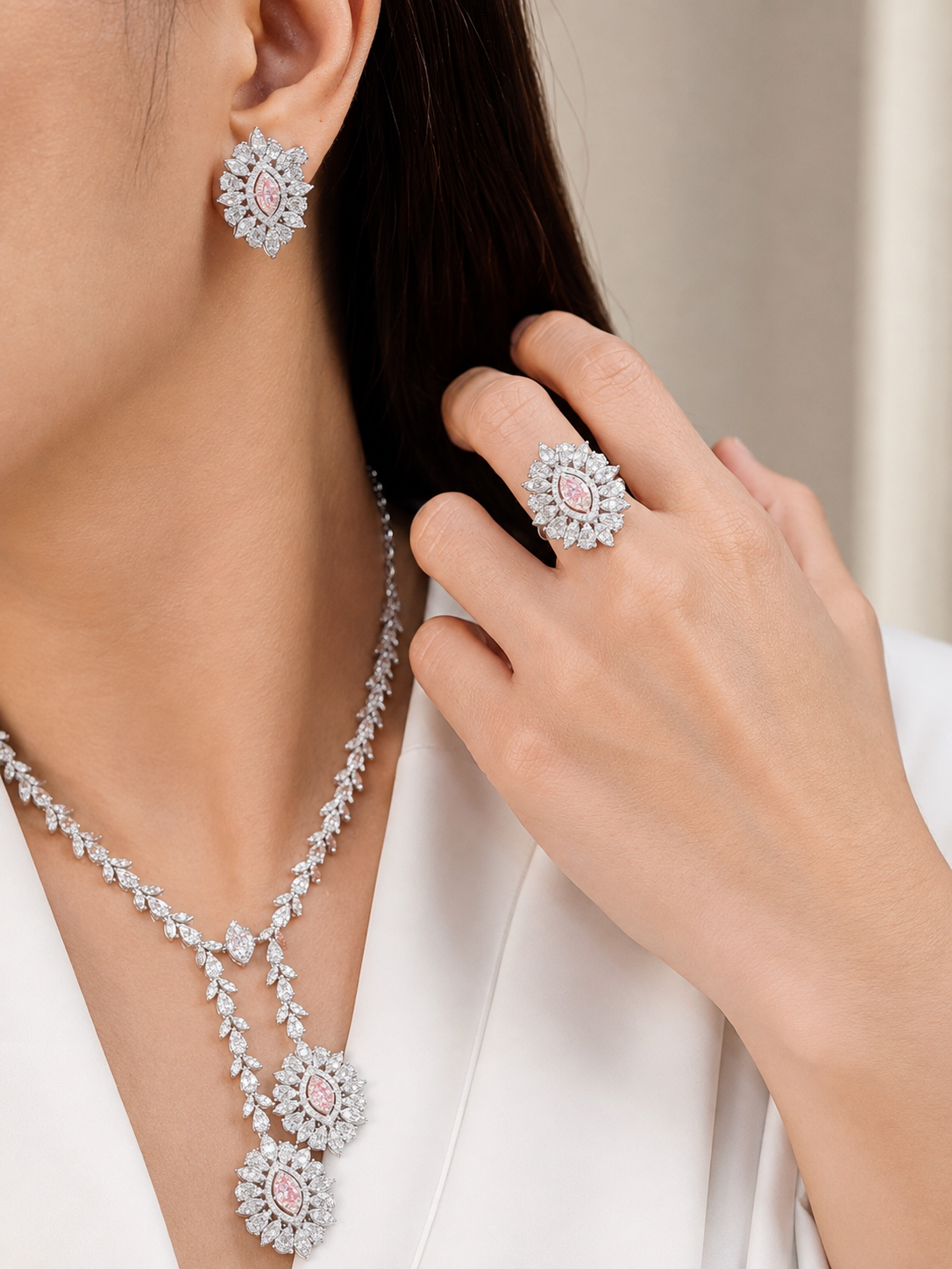 Rare Fancy Pink Diamond Statement Diamond Jewelry Set 14K
