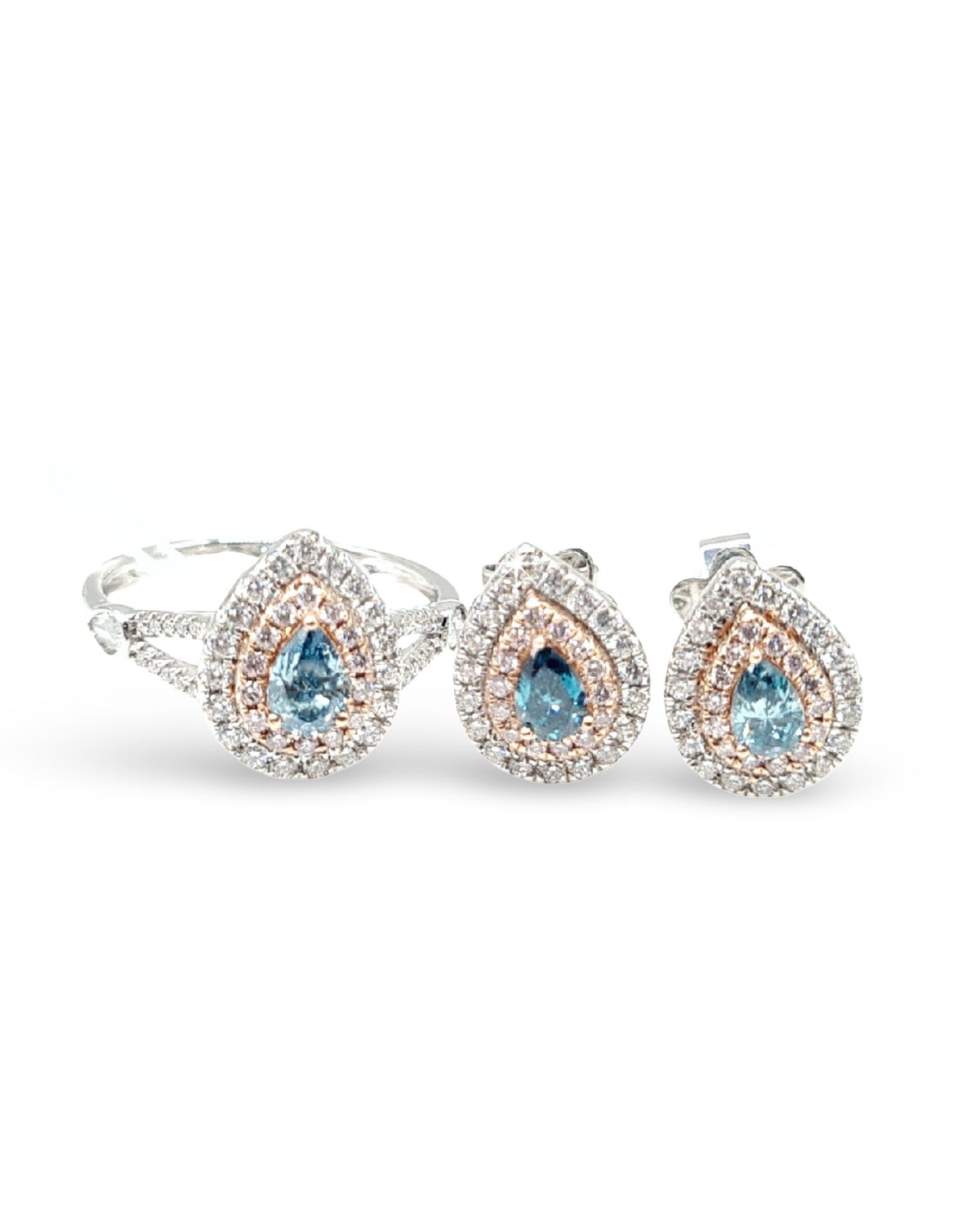 Rare Fancy Blue Diamond Pear Double Halo Diamond Jewelry Set 14K