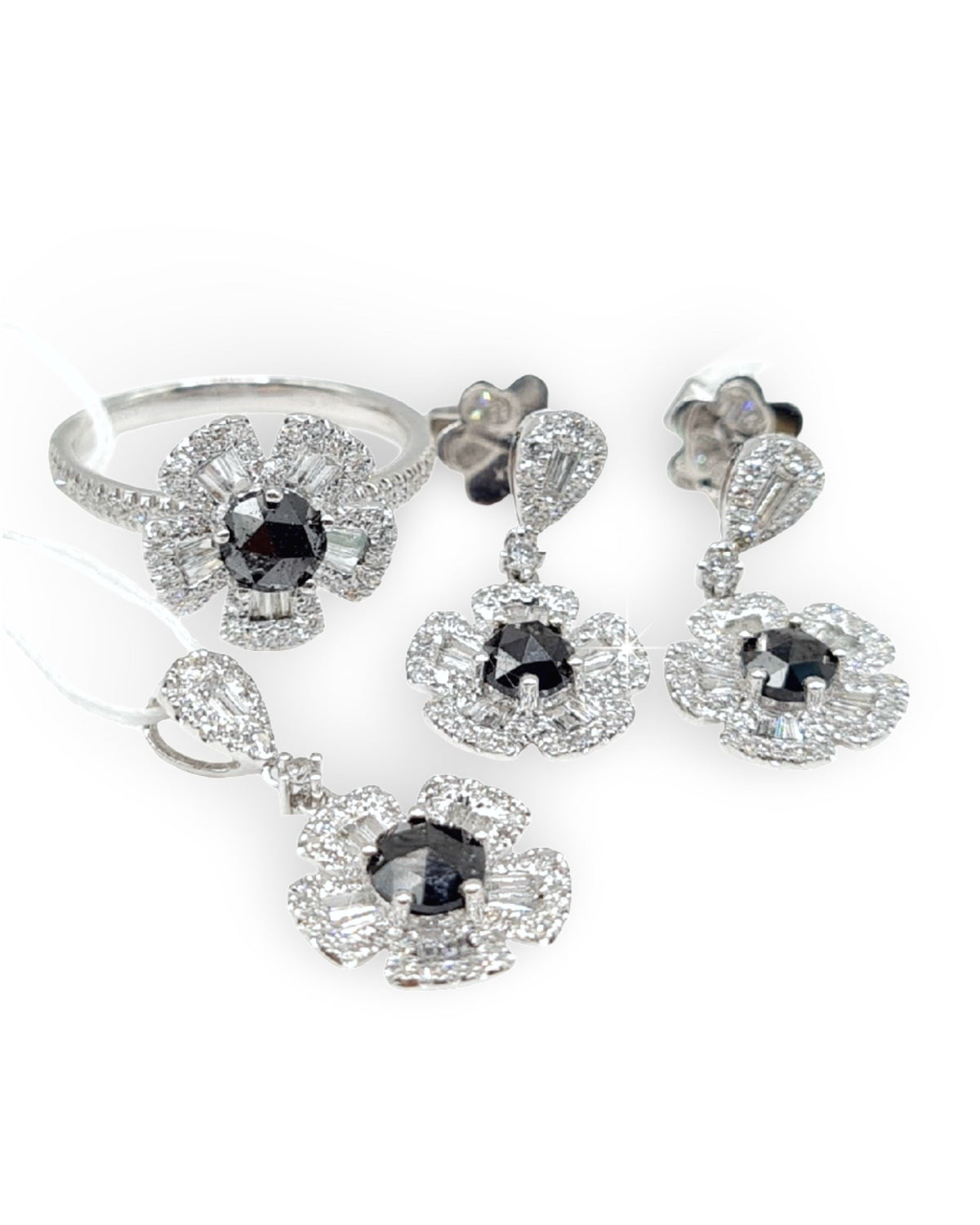 Fancy Black Diamond Floral Paved Diamond Jewelry Set 14K