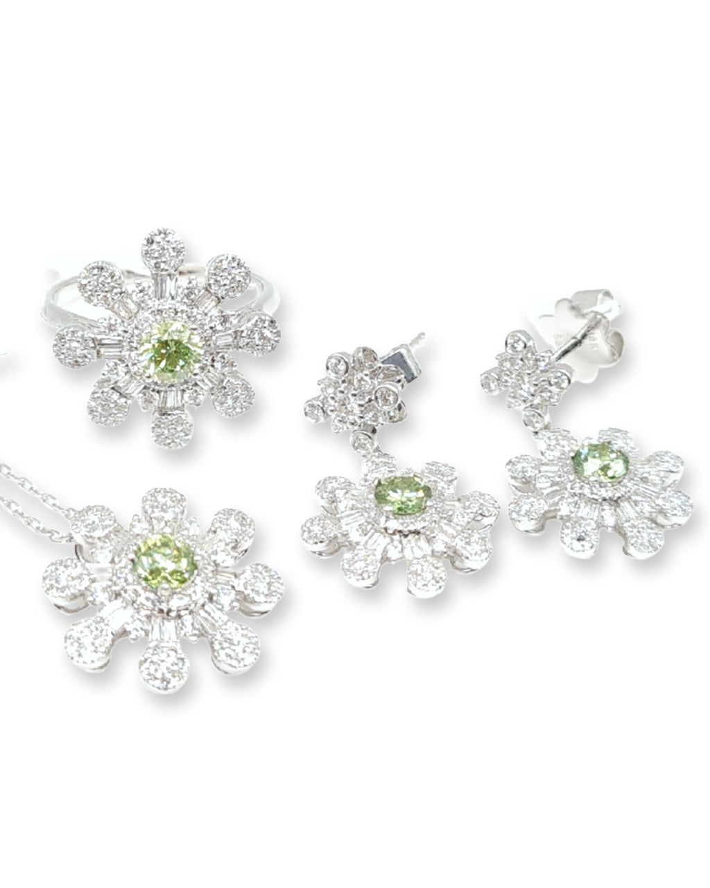 Rare Fancy Green Colored Diamond Floral Drop Diamond Jewelry Set 14K