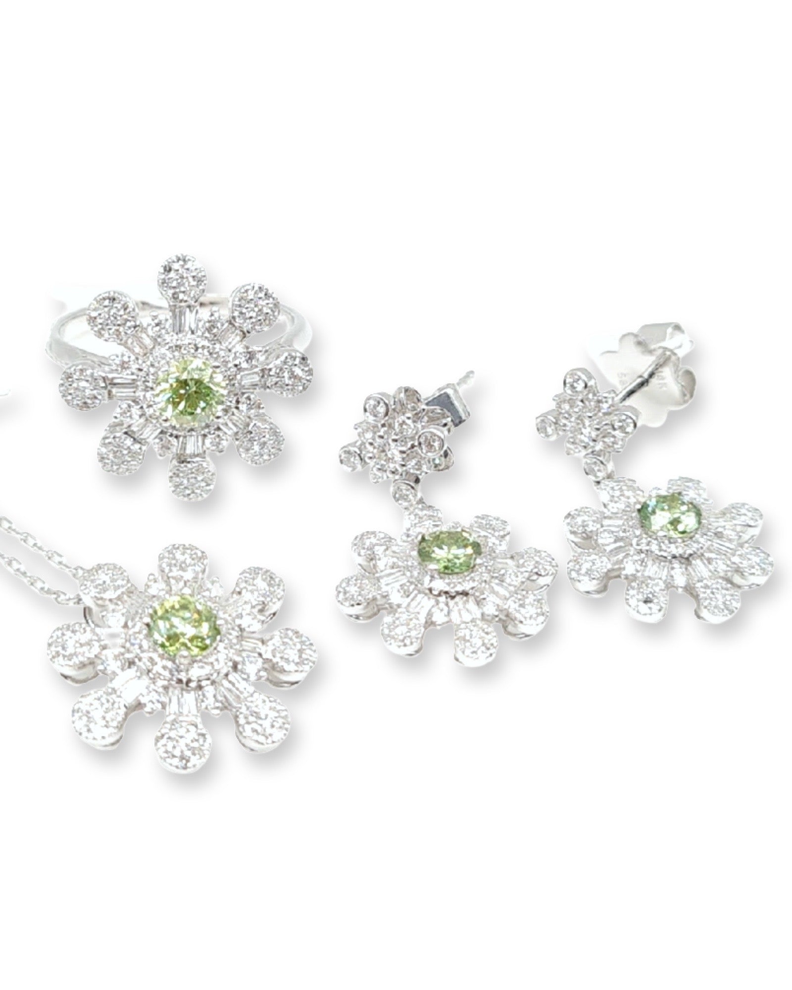 Rare Fancy Green Colored Diamond Floral Drop Diamond Jewelry Set 14K