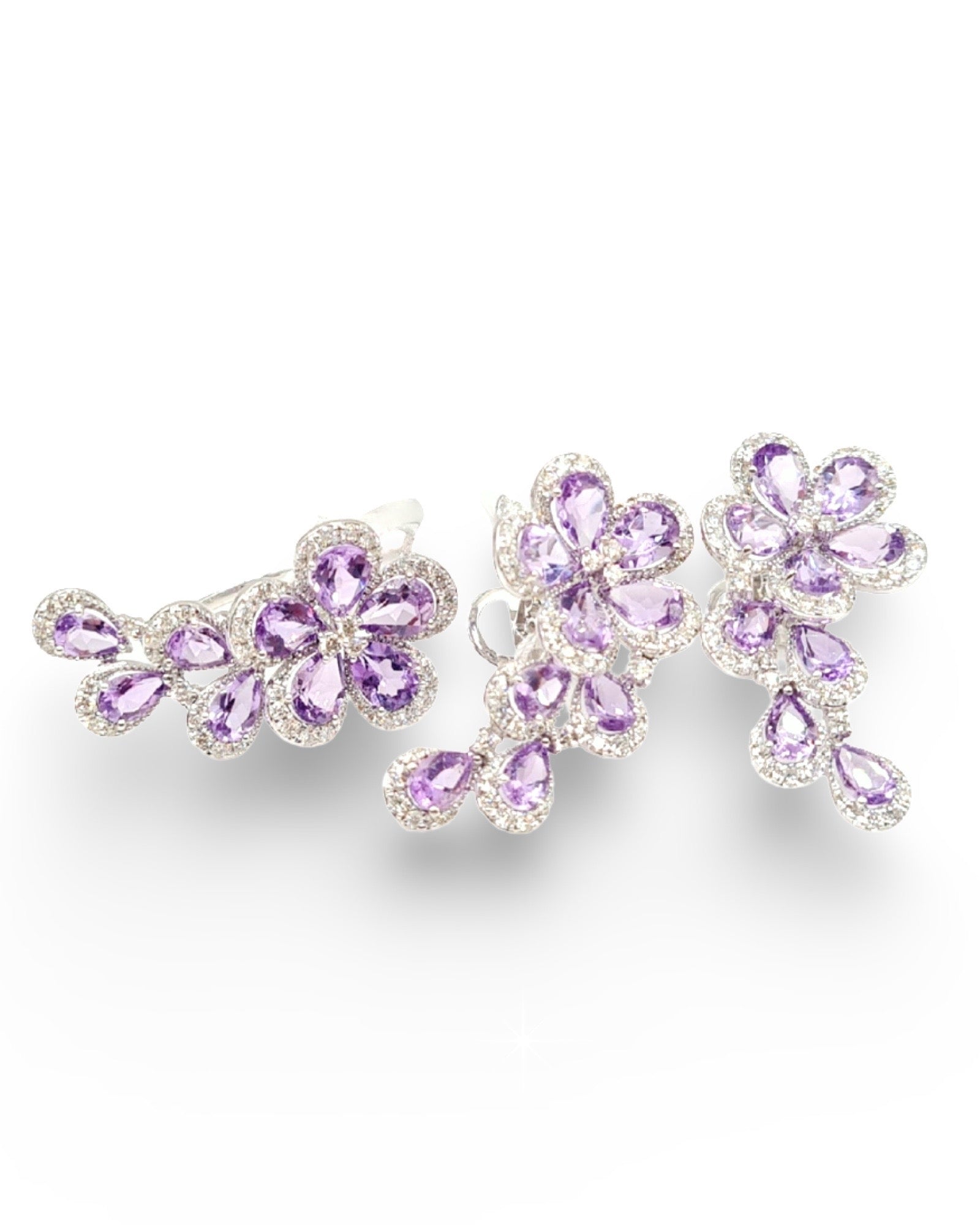 Amethyst Gemstones Floral Deco Diamond Jewelry Set 14K
