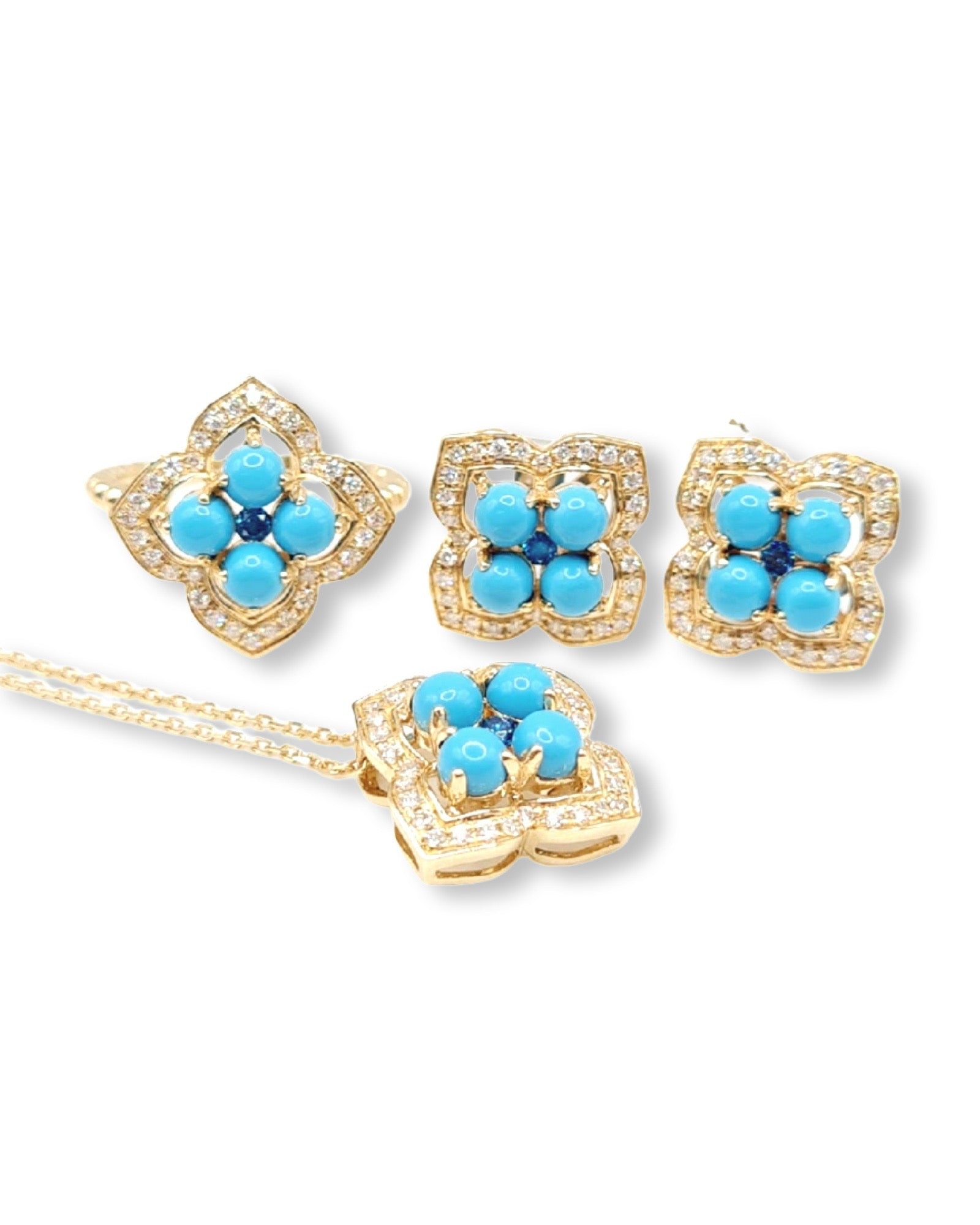 Golden Turquoise Gemstones Clover Diamond Jewelry Set 14K