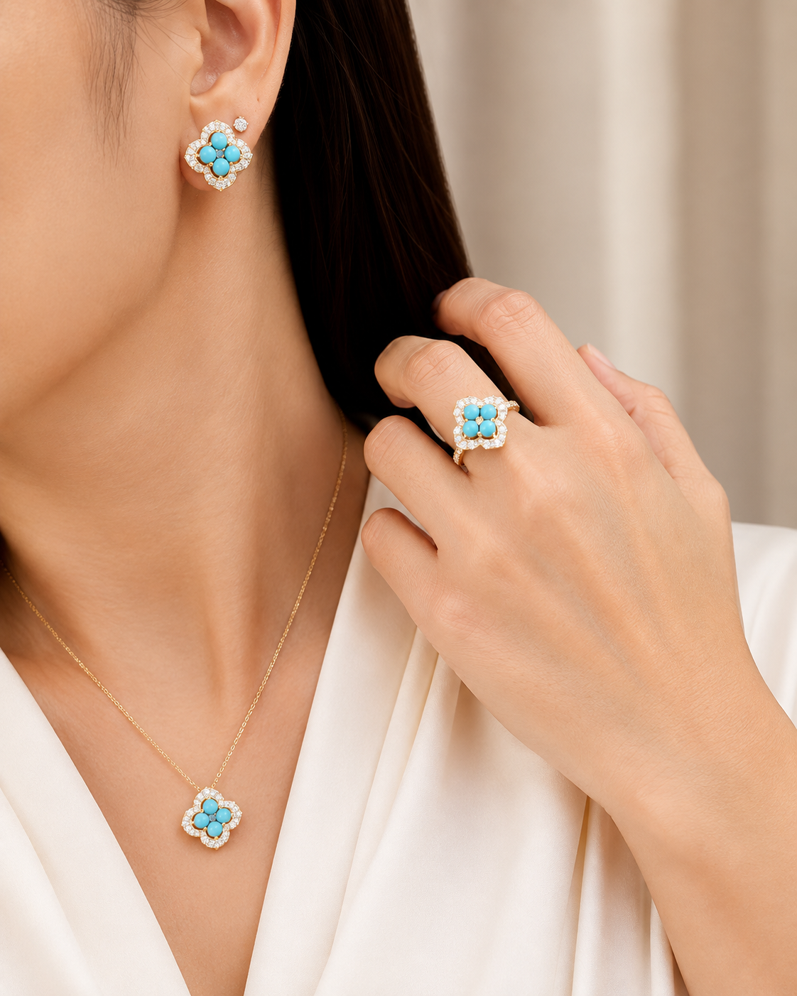 Golden Turquoise Gemstones Clover Diamond Jewelry Set 14K