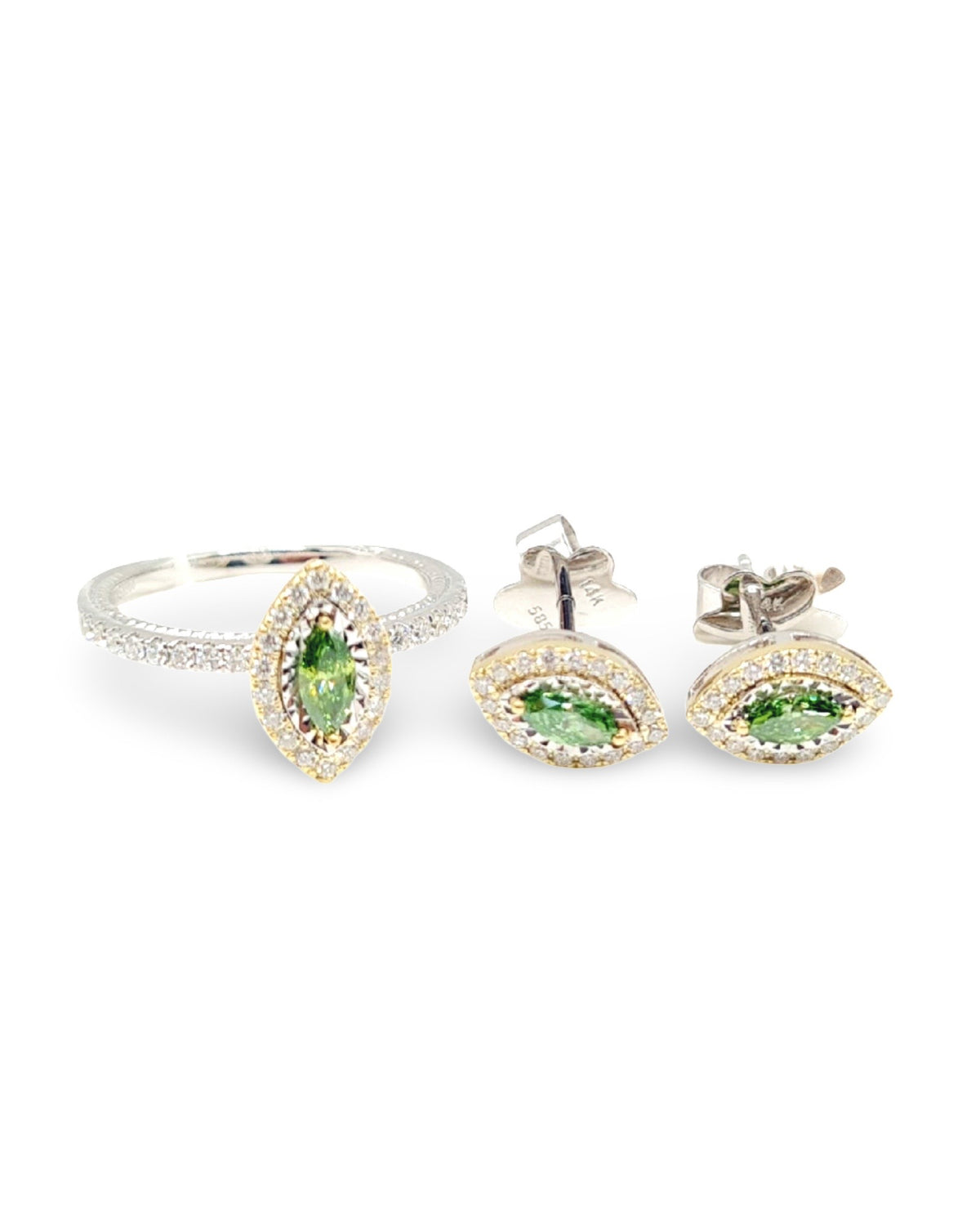 Rare Fancy Green Diamond Marquise Diamond Jewelry Set 14K