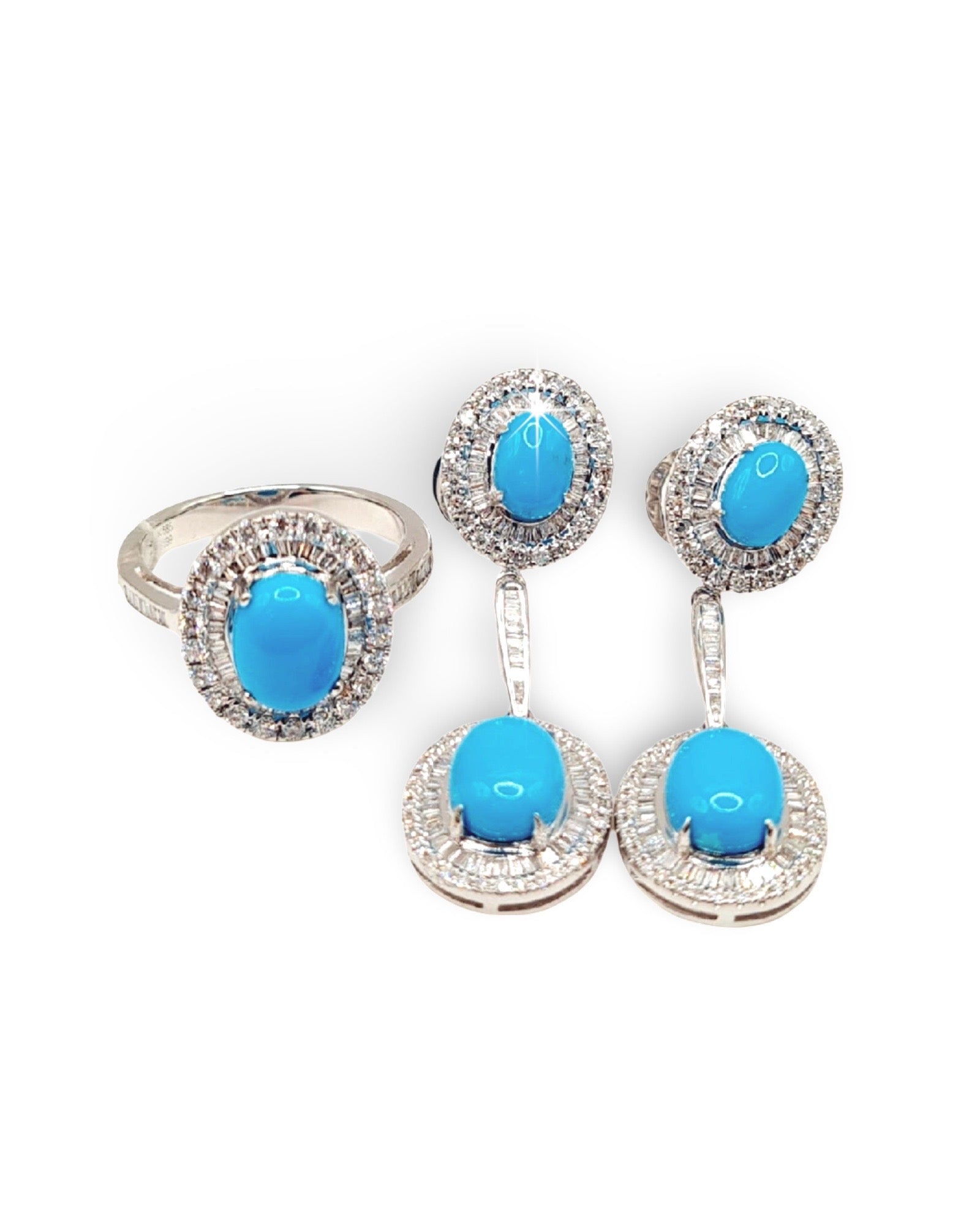 Turquoise Gemstones Oval Drop Diamond Jewelry Set 14K