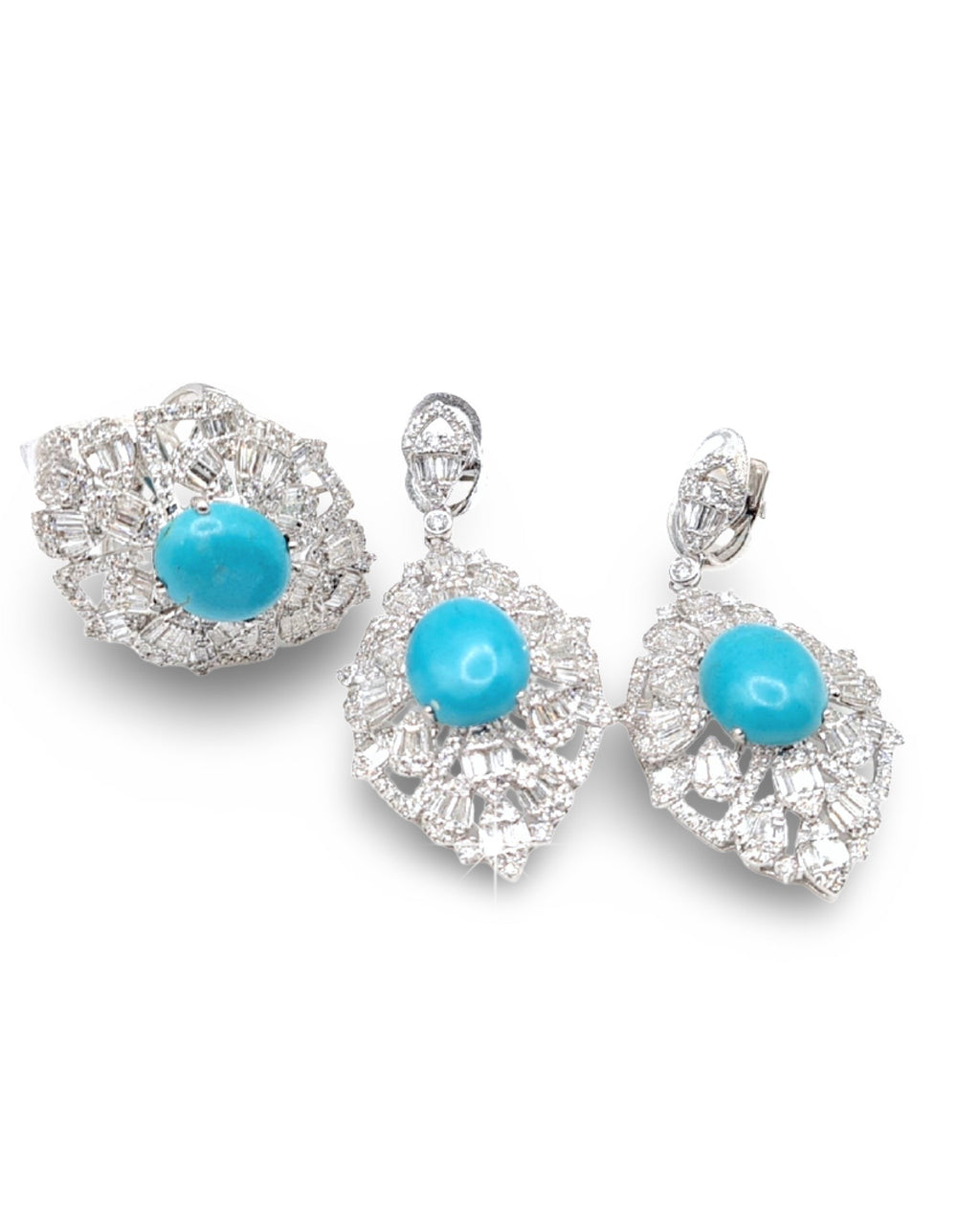 Turquoise Gemstones Deco Statement Diamond Jewelry Set 14K
