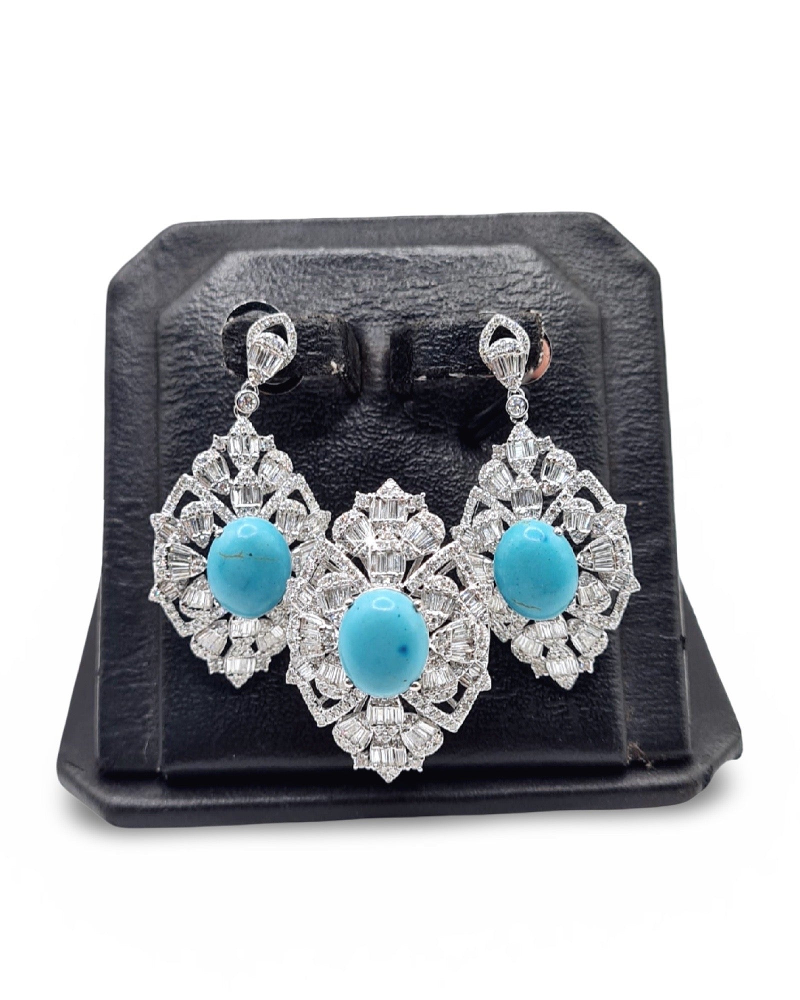 Turquoise Gemstones Deco Statement Diamond Jewelry Set 14K