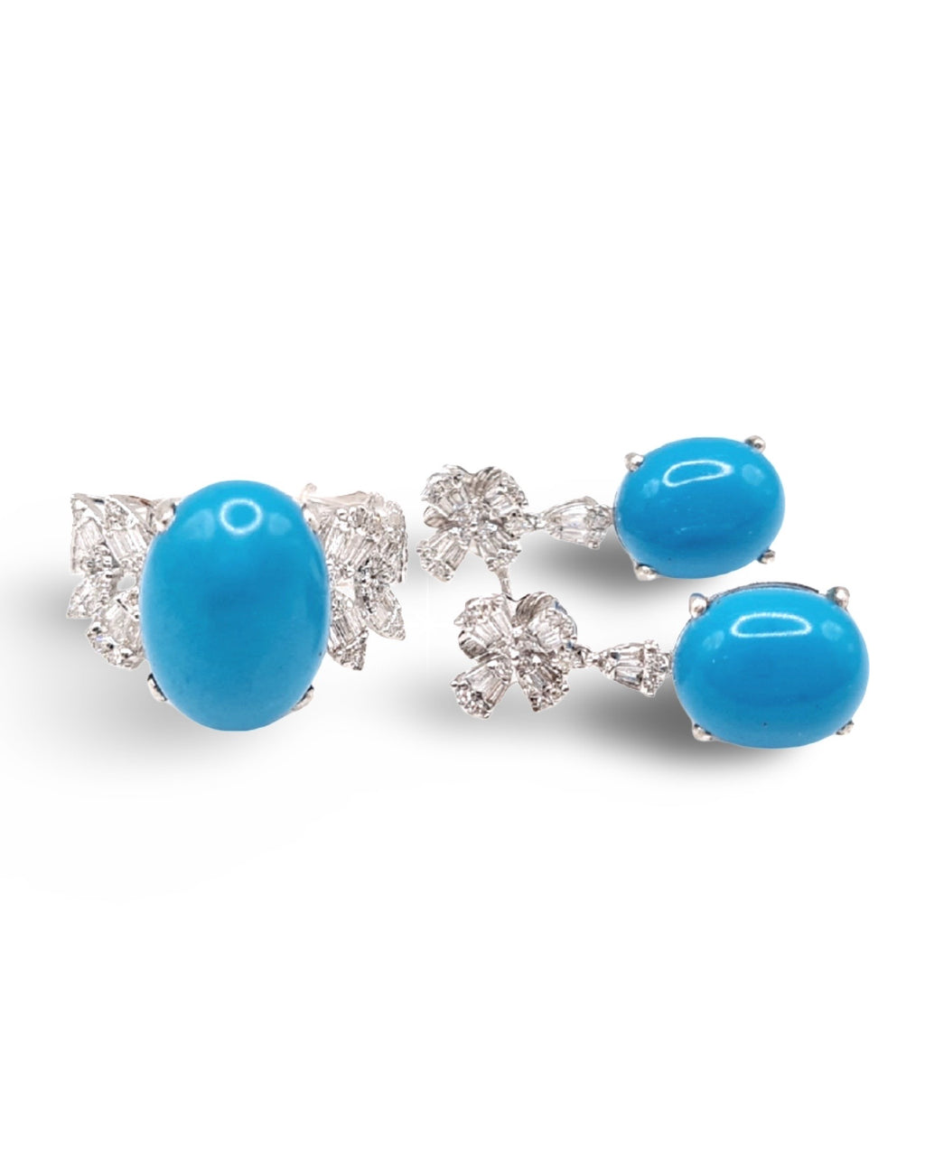 Turquoise Gemstones Floral Drop Diamond Jewelry Set 14K