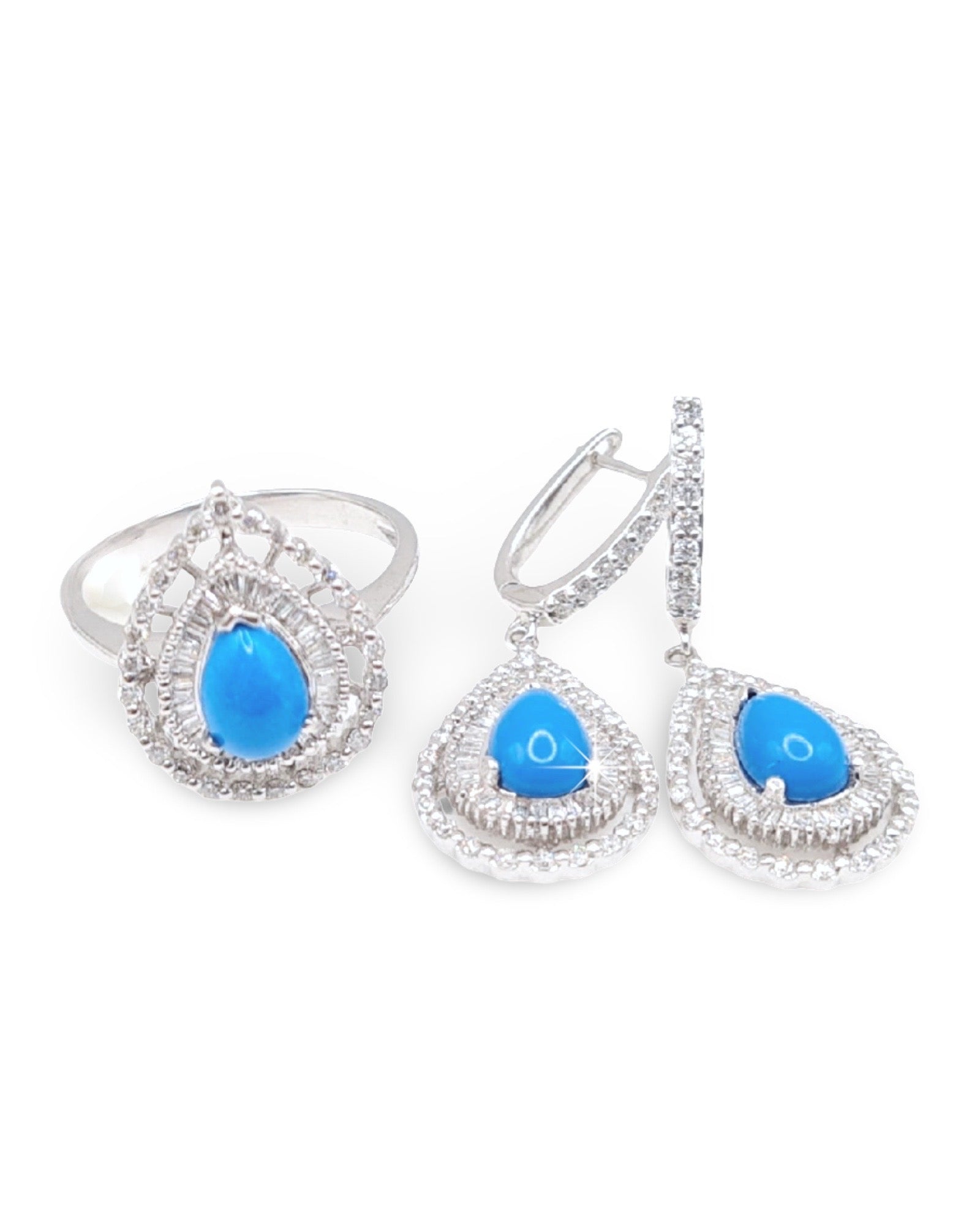 Turquoise Gemstones Pear Hoop Diamond Jewelry Set 14K